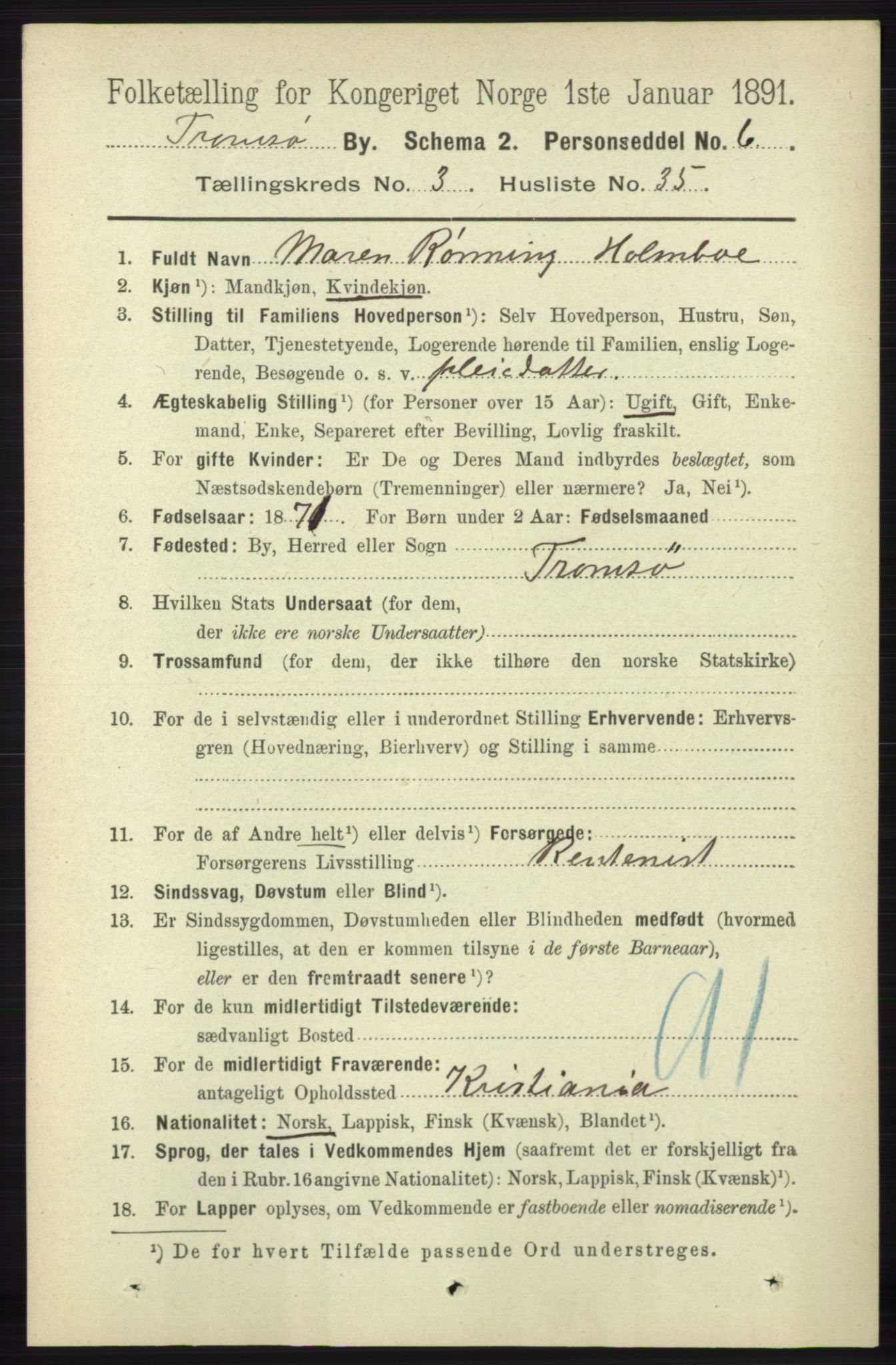 RA, 1891 census for 1902 Tromsø, 1891, p. 3495