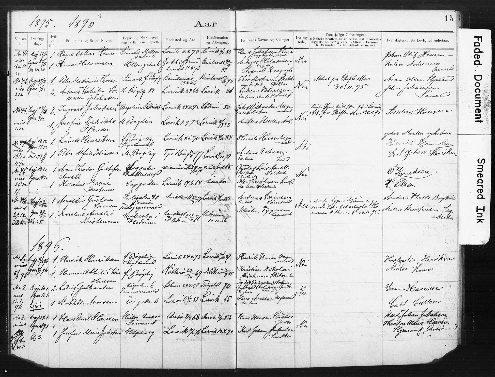 Larvik kirkebøker, AV/SAKO-A-352/H/Ha/L0002: Banns register no. 2, 1892-1907, p. 15