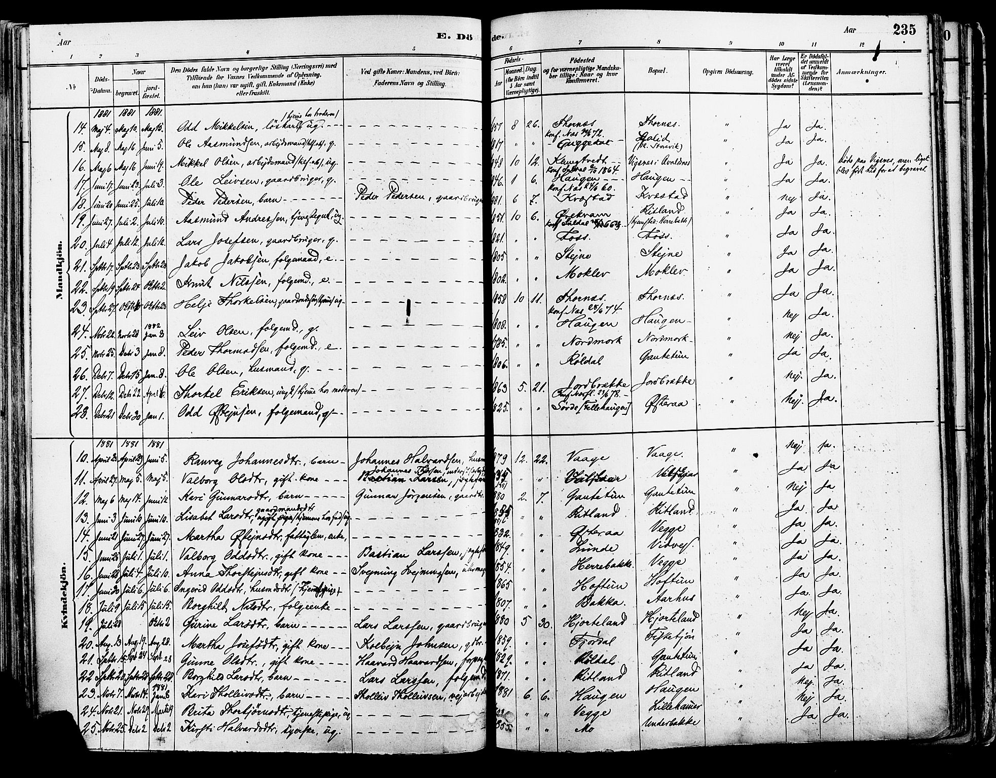 Suldal sokneprestkontor, AV/SAST-A-101845/01/IV/L0011: Parish register (official) no. A 11, 1878-1900, p. 235