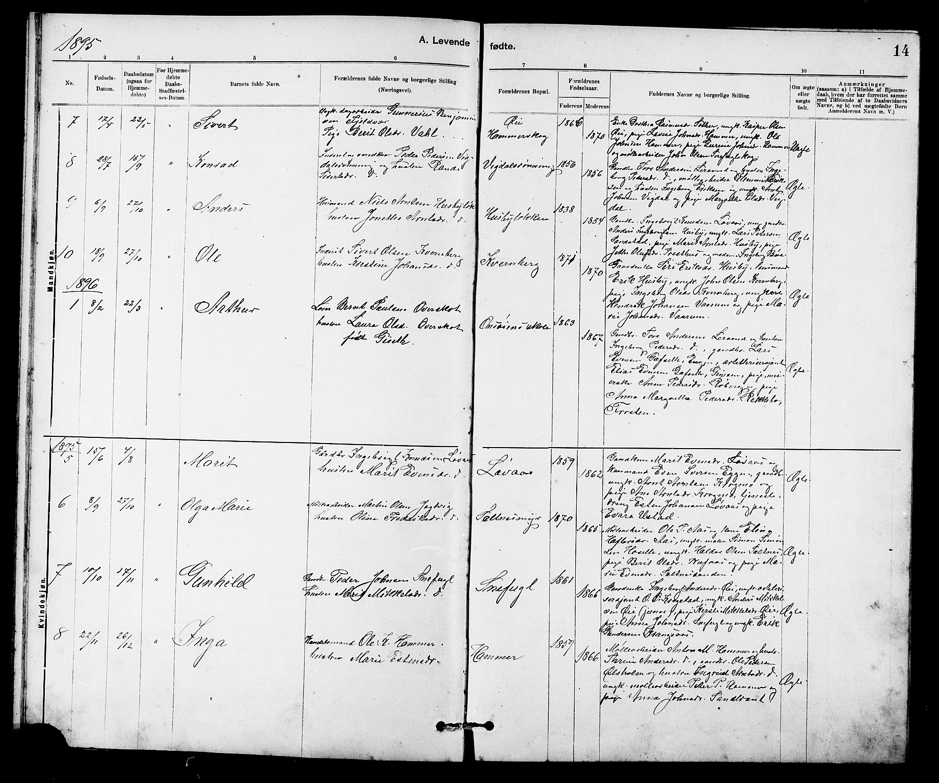 Ministerialprotokoller, klokkerbøker og fødselsregistre - Sør-Trøndelag, AV/SAT-A-1456/666/L0790: Parish register (copy) no. 666C03, 1885-1908, p. 14