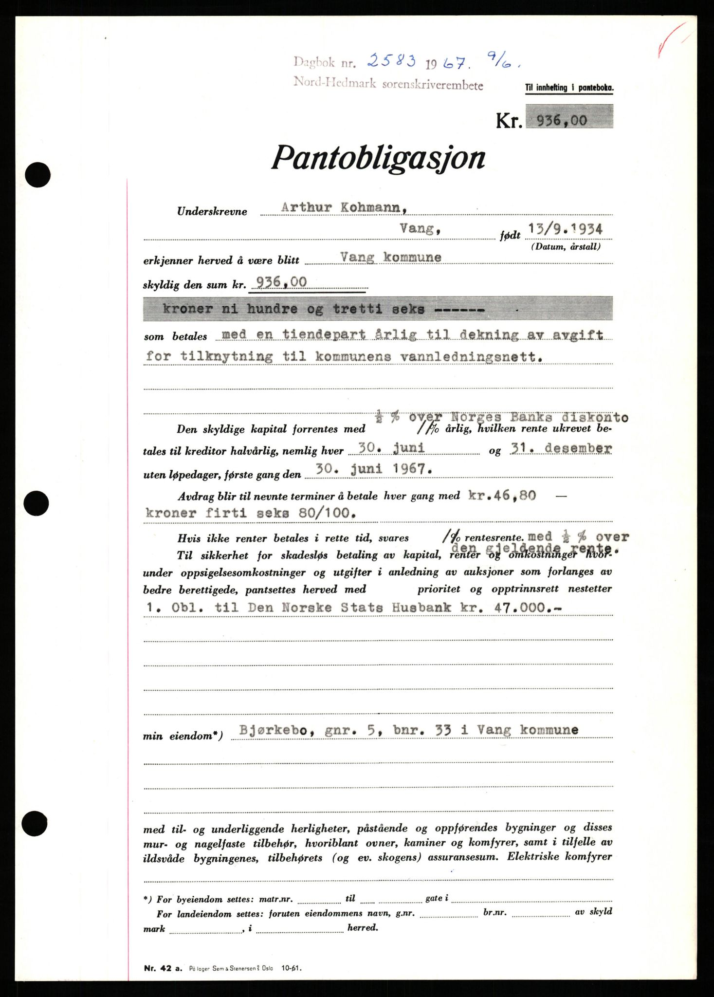 Nord-Hedmark sorenskriveri, SAH/TING-012/H/Hb/Hbf/L0071: Mortgage book no. B71, 1967-1967, Diary no: : 2583/1967