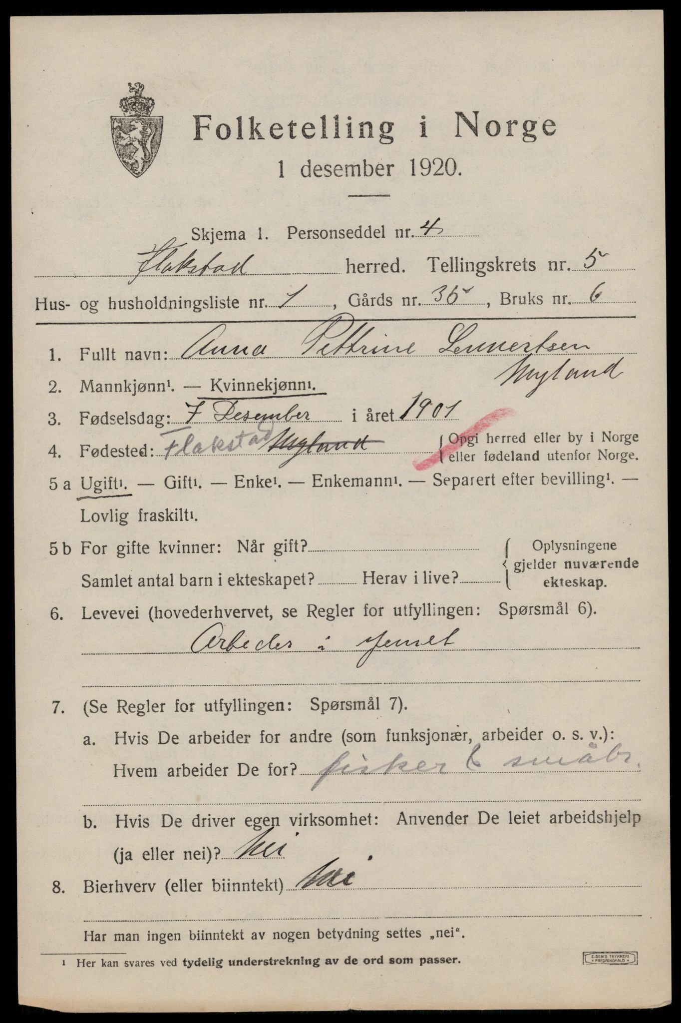 SAT, 1920 census for Flakstad, 1920, p. 3487