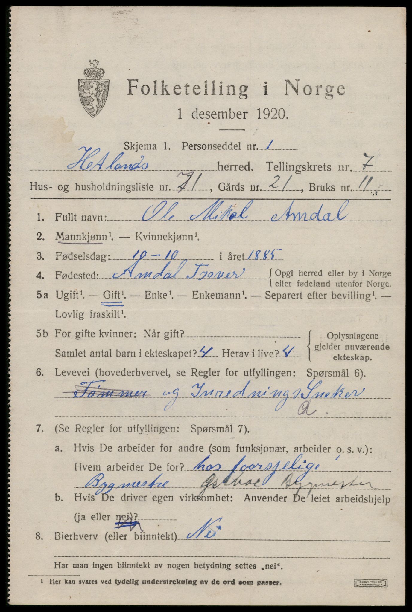 SAST, 1920 census for Hetland, 1920, p. 14949