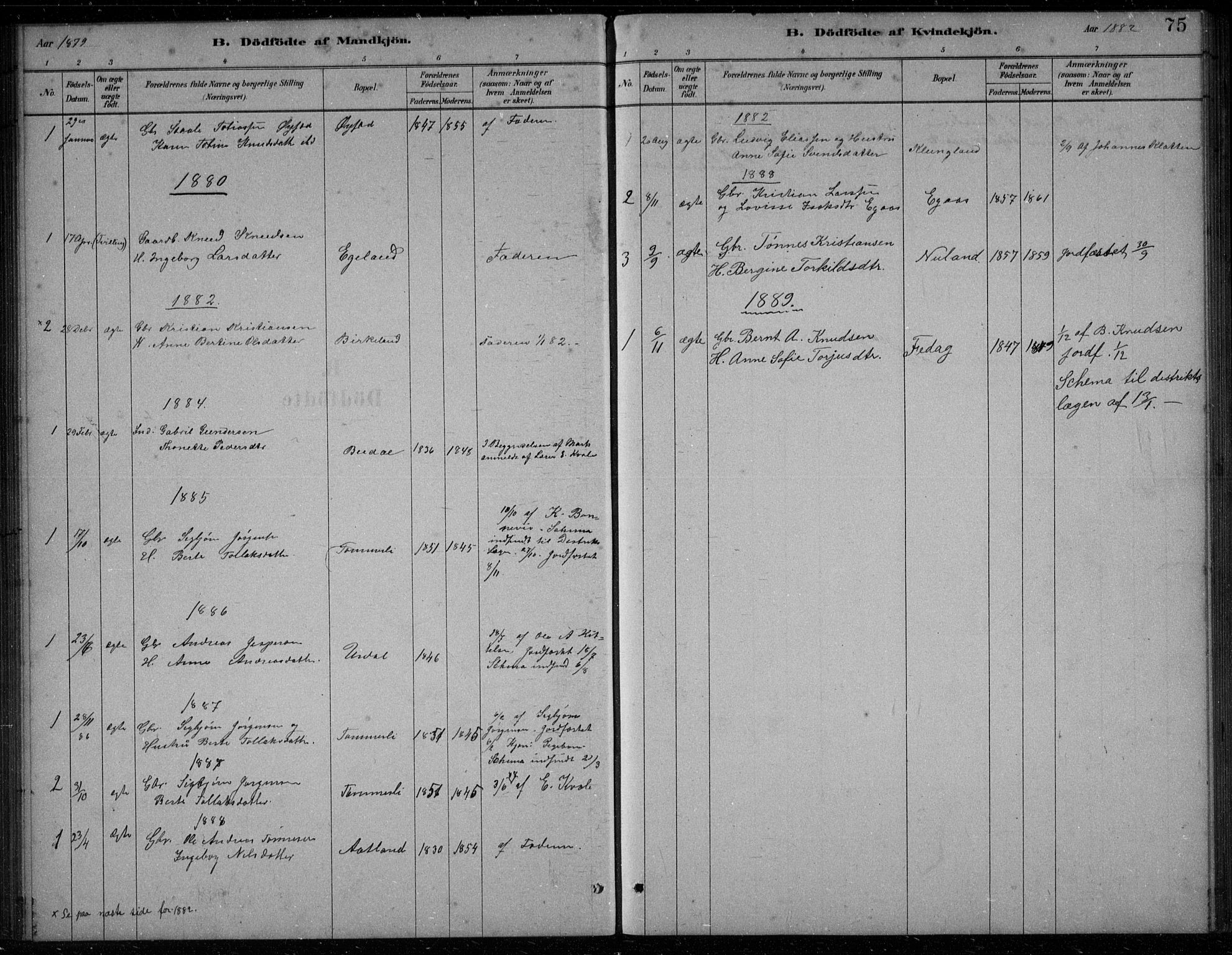 Bakke sokneprestkontor, SAK/1111-0002/F/Fb/Fbb/L0003: Parish register (copy) no. B 3, 1878-1896, p. 75