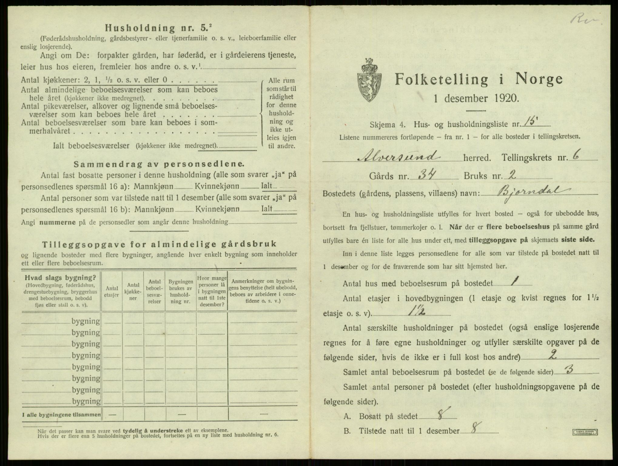 SAB, 1920 census for Alversund, 1920, p. 545