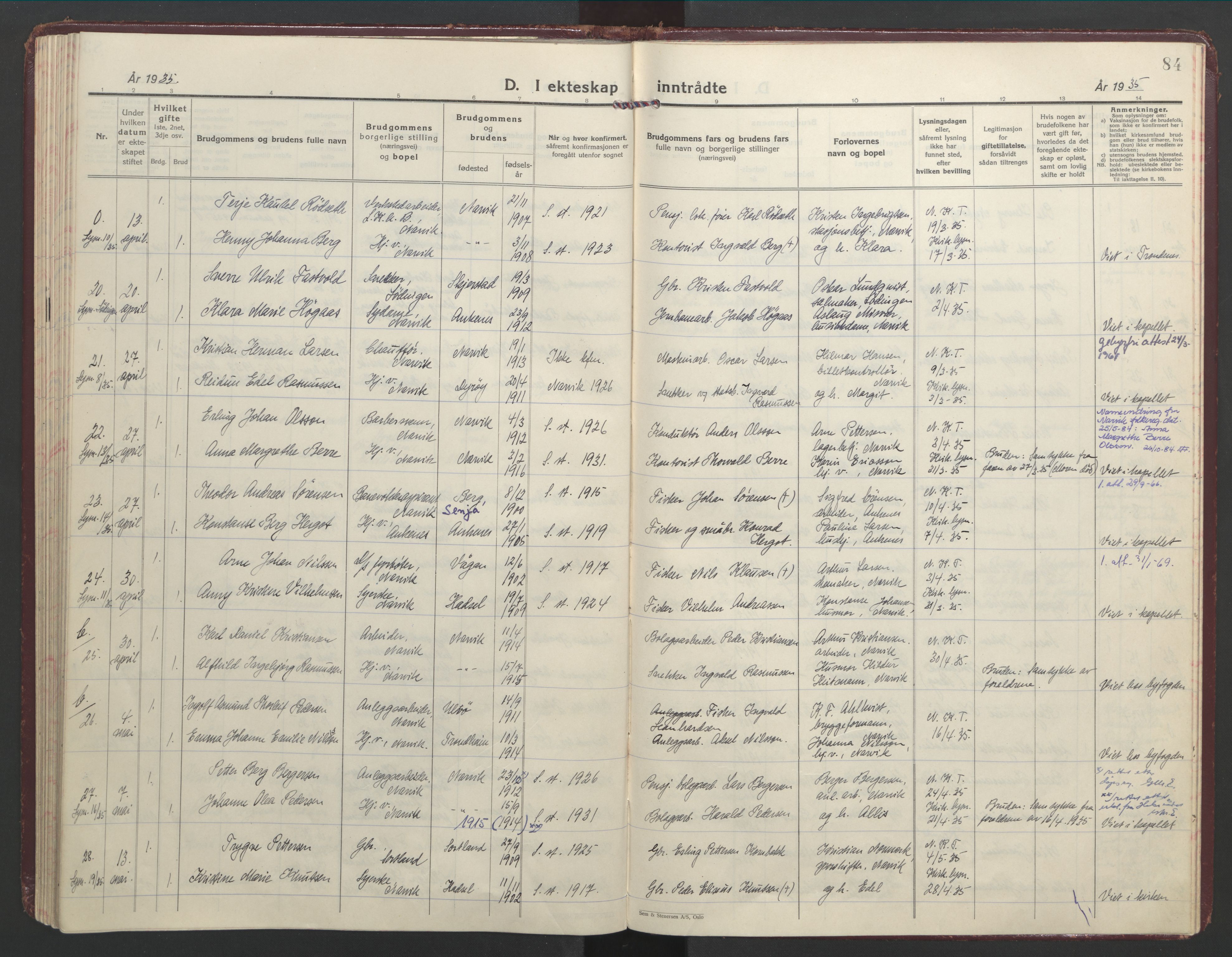 Ministerialprotokoller, klokkerbøker og fødselsregistre - Nordland, AV/SAT-A-1459/871/L1006: Parish register (official) no. 871A22, 1928-1936, p. 84