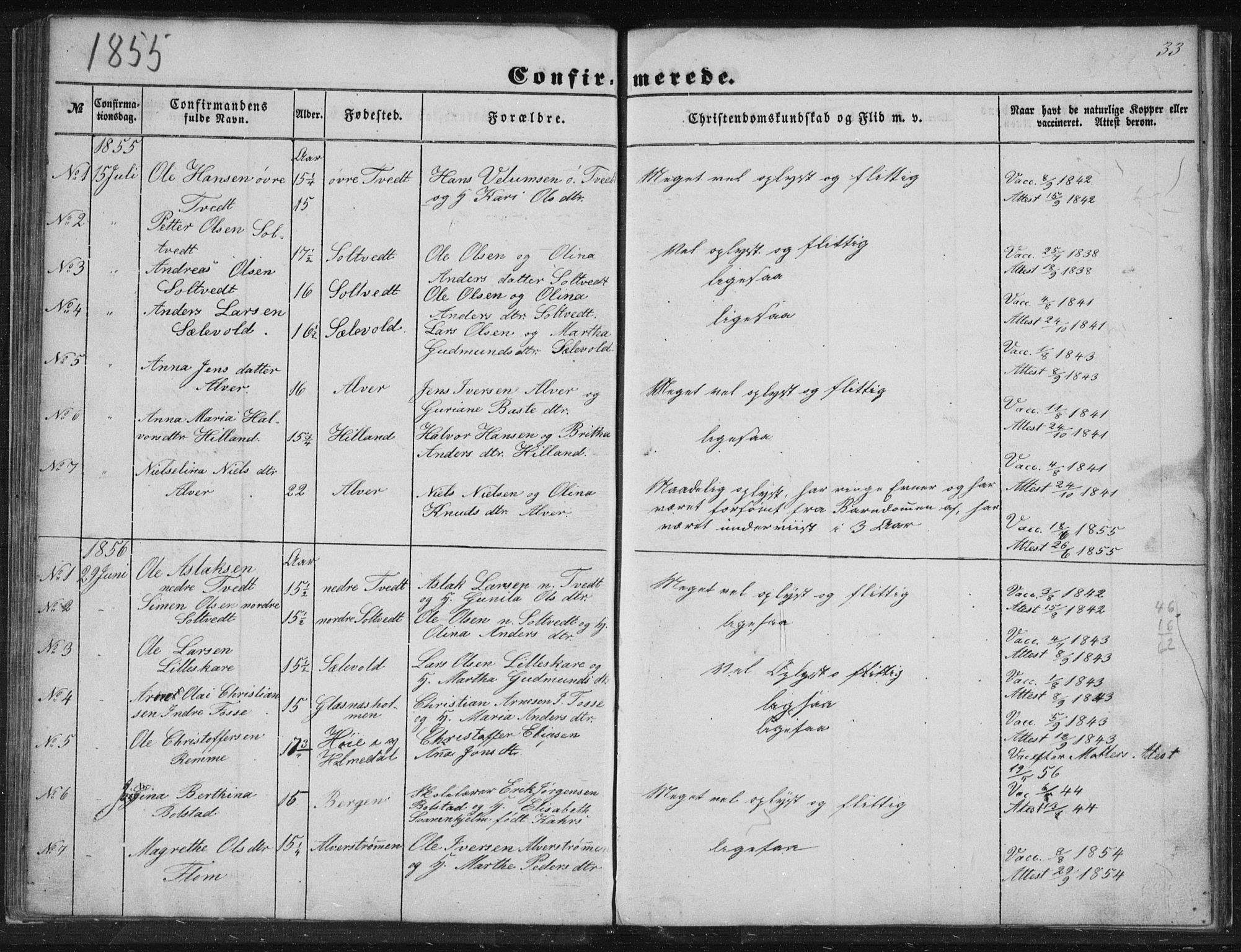 Alversund Sokneprestembete, SAB/A-73901/H/Ha/Hab: Parish register (copy) no. A 1, 1852-1864, p. 33