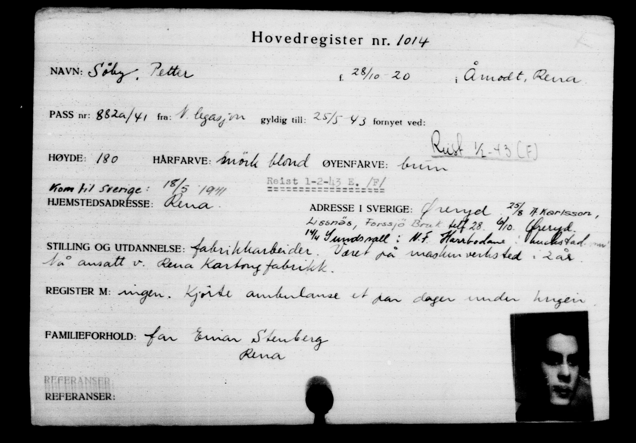 Utenriksstasjonene, Legasjonen i Stockholm, Flyktningkontoret, AV/RA-S-6753/V/Va/L0002: Kjesäterkartoteket, flyktninger med registreringsnr. 1001-2000, 1940-1945, p. 22