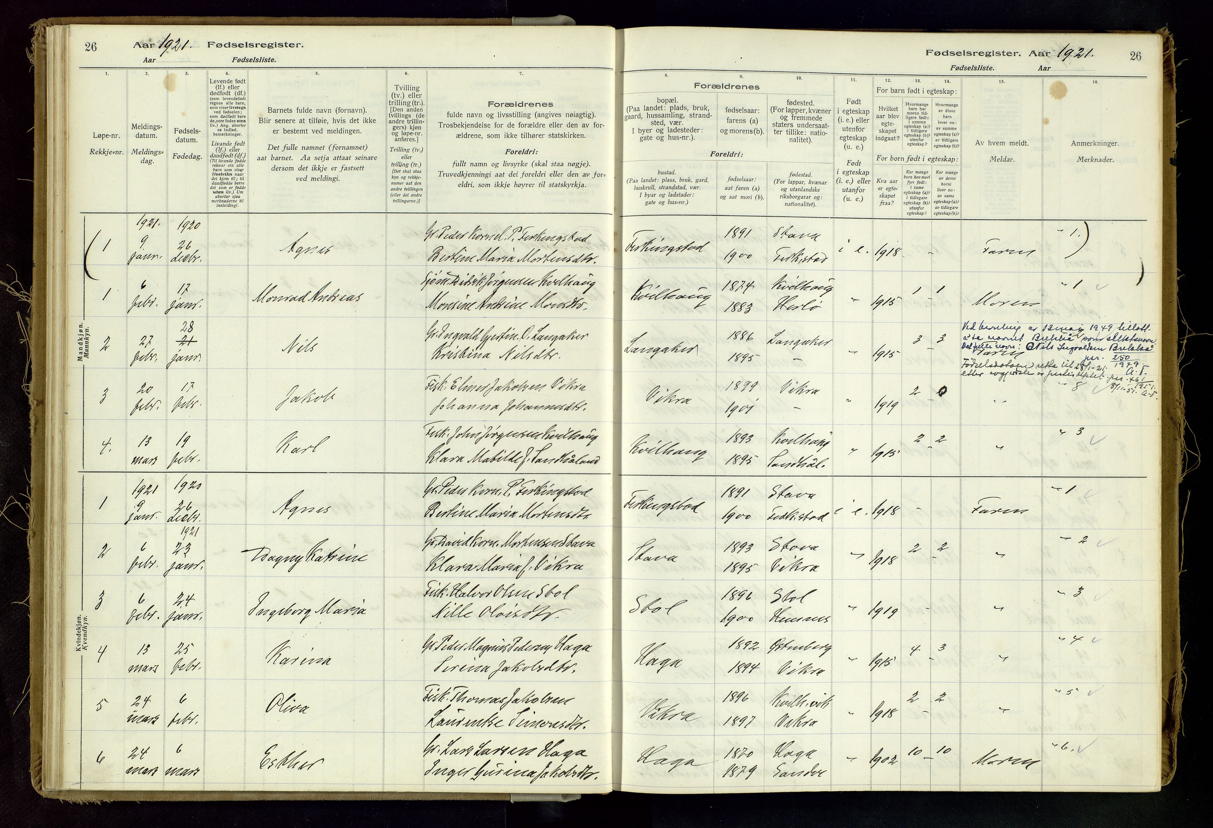 Skudenes sokneprestkontor, SAST/A -101849/I/Id/L0002: Birth register no. 2, 1916-1962, p. 26