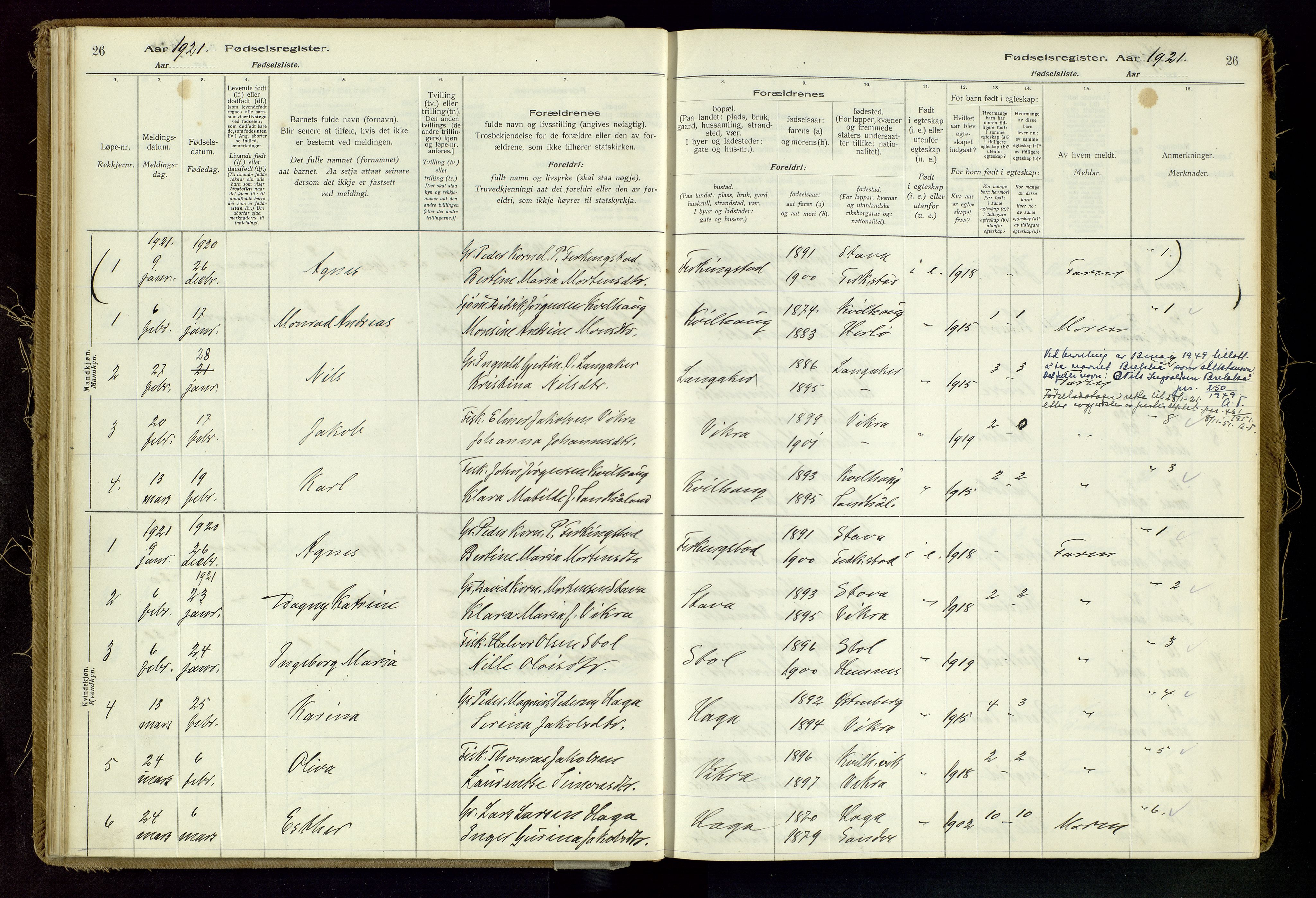 Skudenes sokneprestkontor, AV/SAST-A -101849/I/Id/L0002: Birth register no. 2, 1916-1962, p. 26