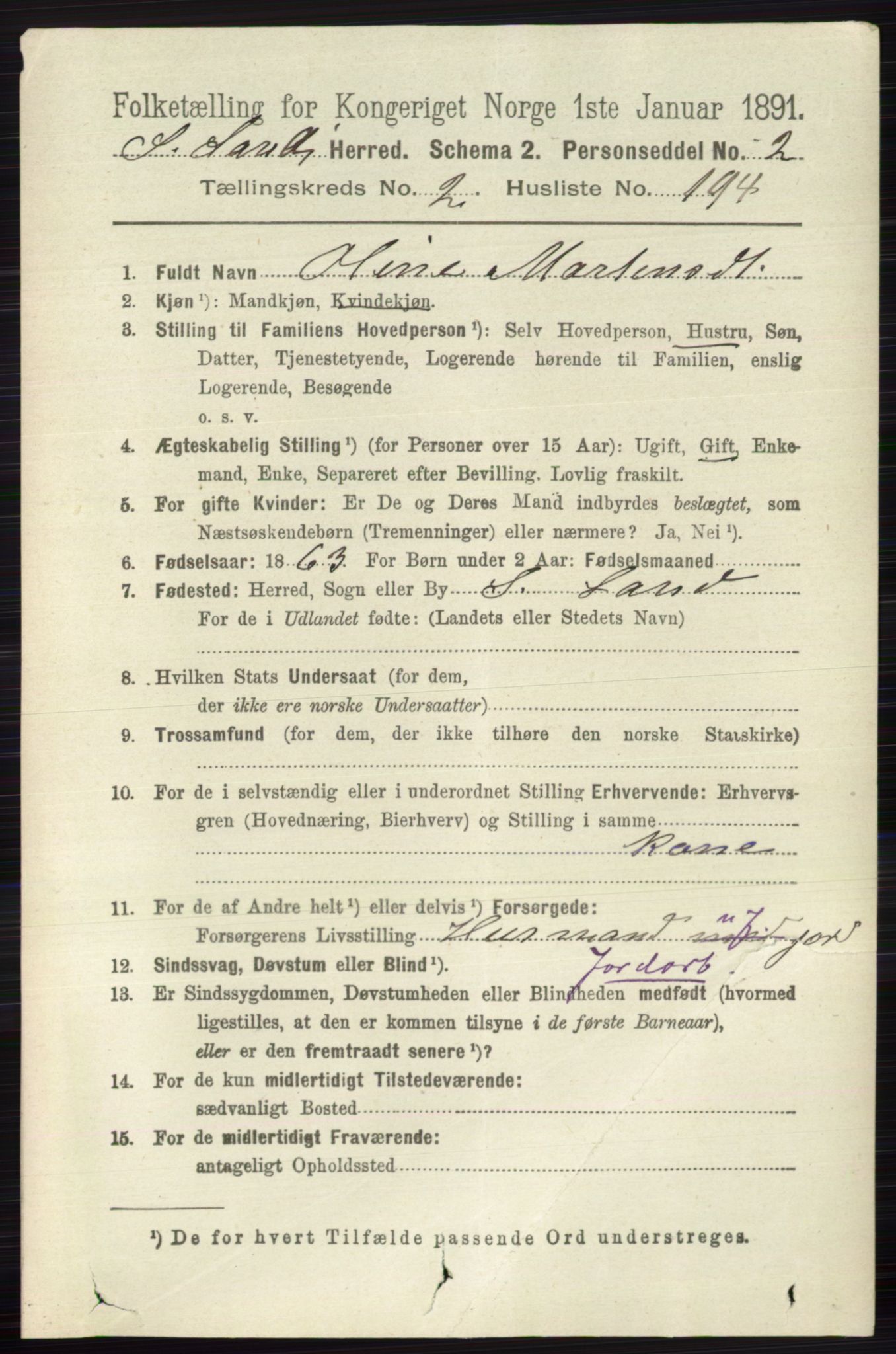 RA, 1891 census for 0536 Søndre Land, 1891, p. 2262