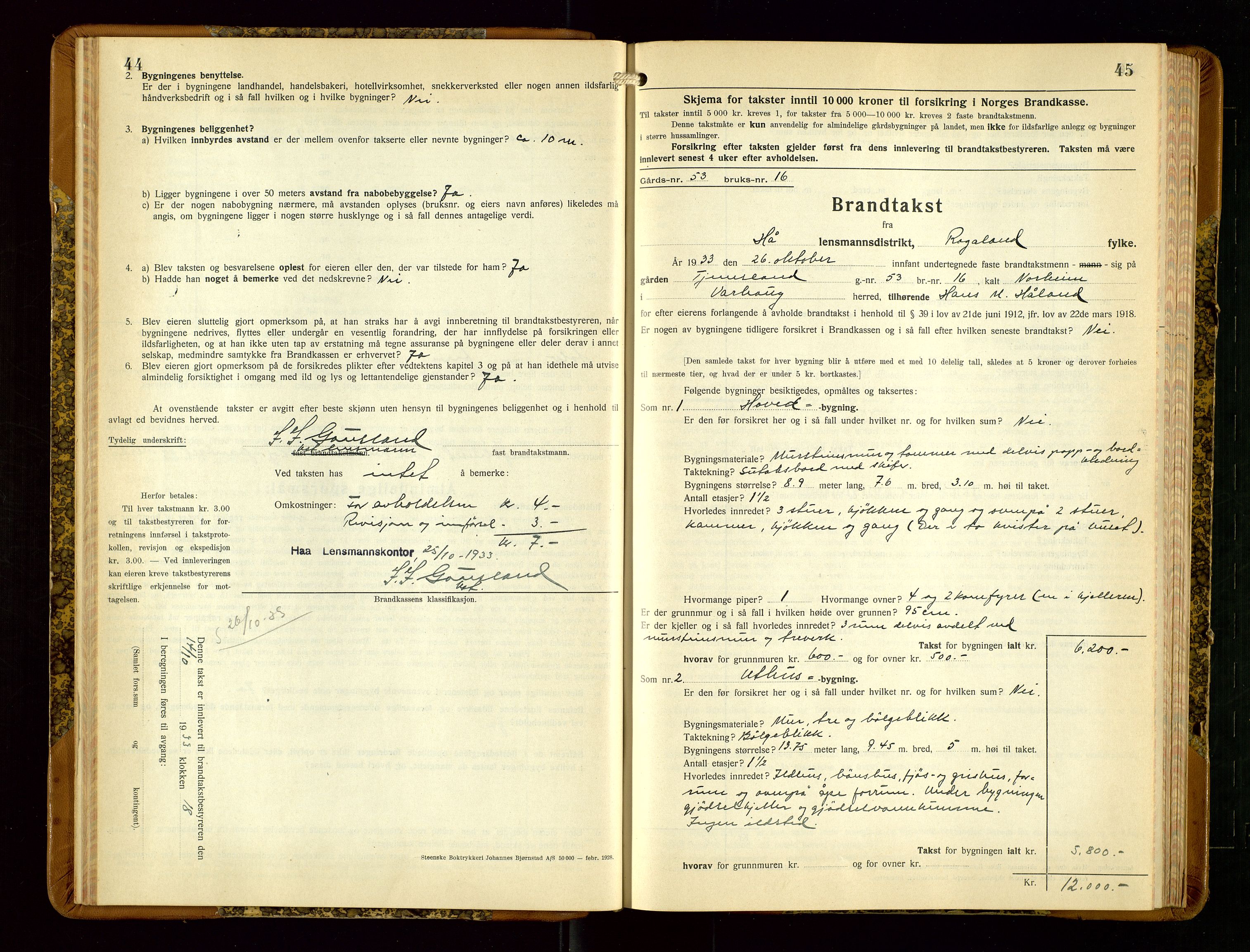 Hå lensmannskontor, AV/SAST-A-100456/Goa/L0006: Takstprotokoll (skjema), 1932-1938, p. 44-45