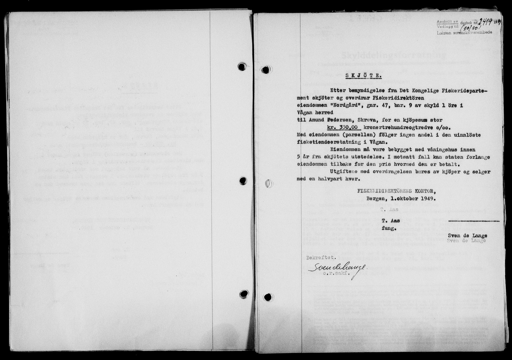 Lofoten sorenskriveri, SAT/A-0017/1/2/2C/L0022a: Mortgage book no. 22a, 1949-1950, Diary no: : 2419/1949