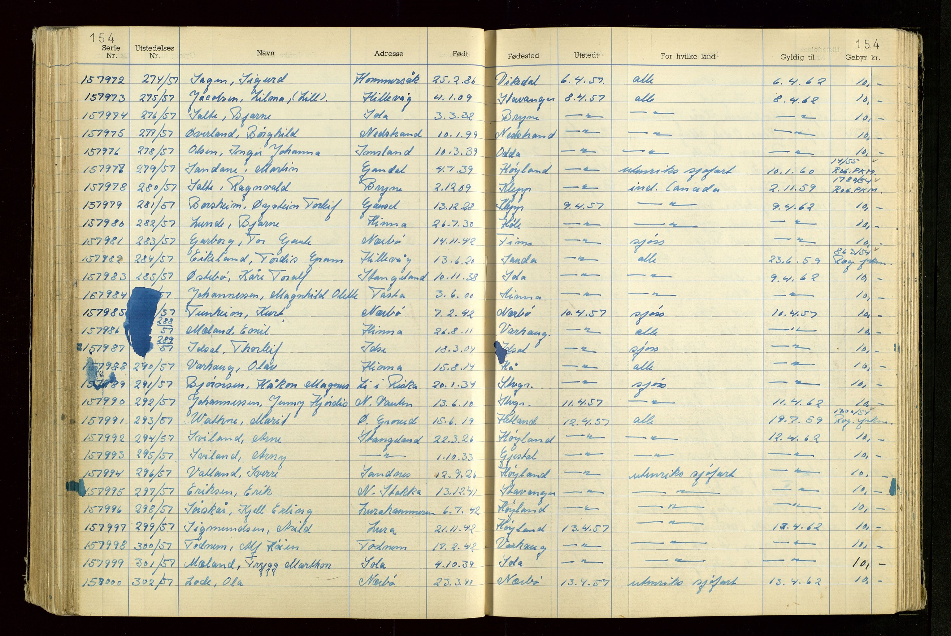 Rogaland politikammer, SAST/A-101403/K/Ka/L0005: Passprotokoll, 1955-1958, p. 154