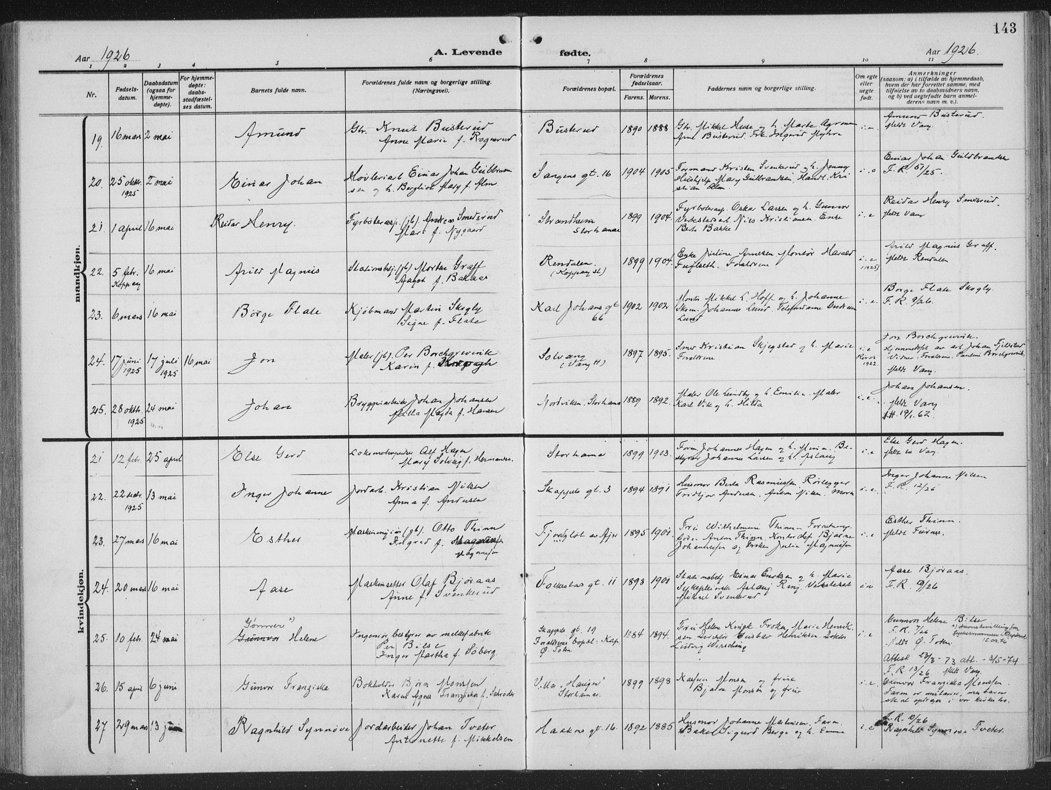 Hamar prestekontor, AV/SAH-DOMPH-002/H/Ha/Haa/L0002: Parish register (official) no. 2, 1915-1936, p. 143