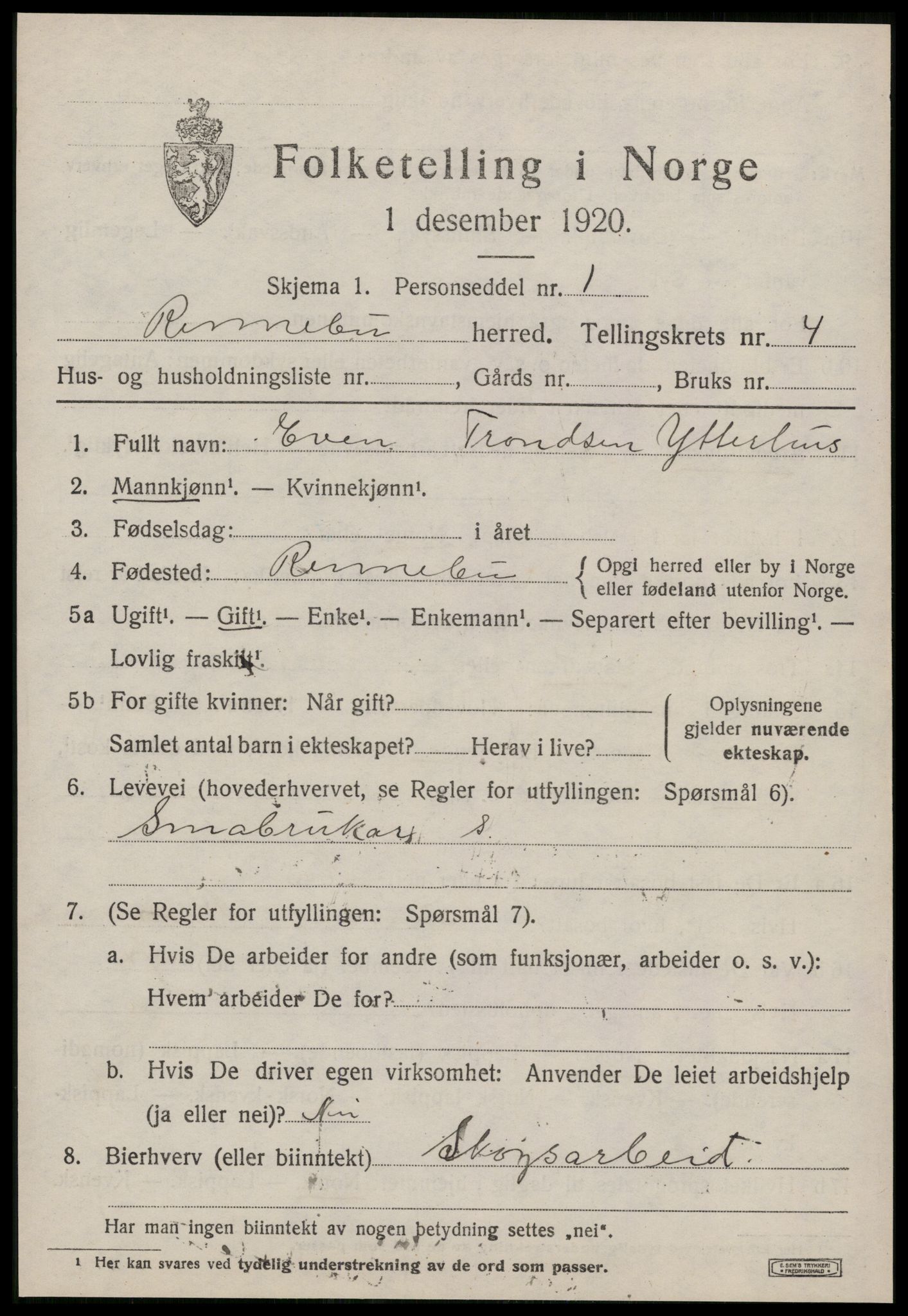 SAT, 1920 census for Rennebu, 1920, p. 3982