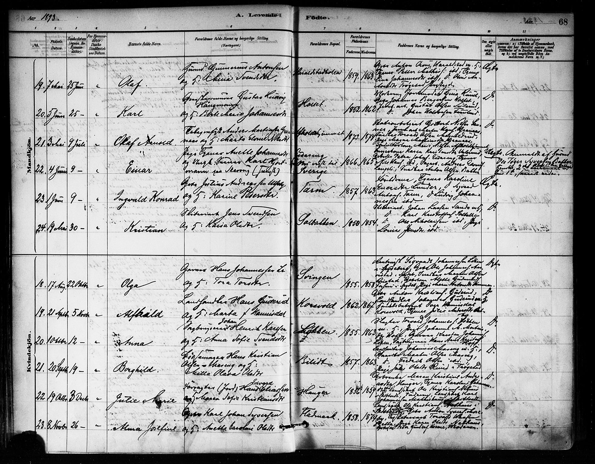 Askim prestekontor Kirkebøker, AV/SAO-A-10900/F/Fa/L0007: Parish register (official) no. 7, 1882-1897, p. 68