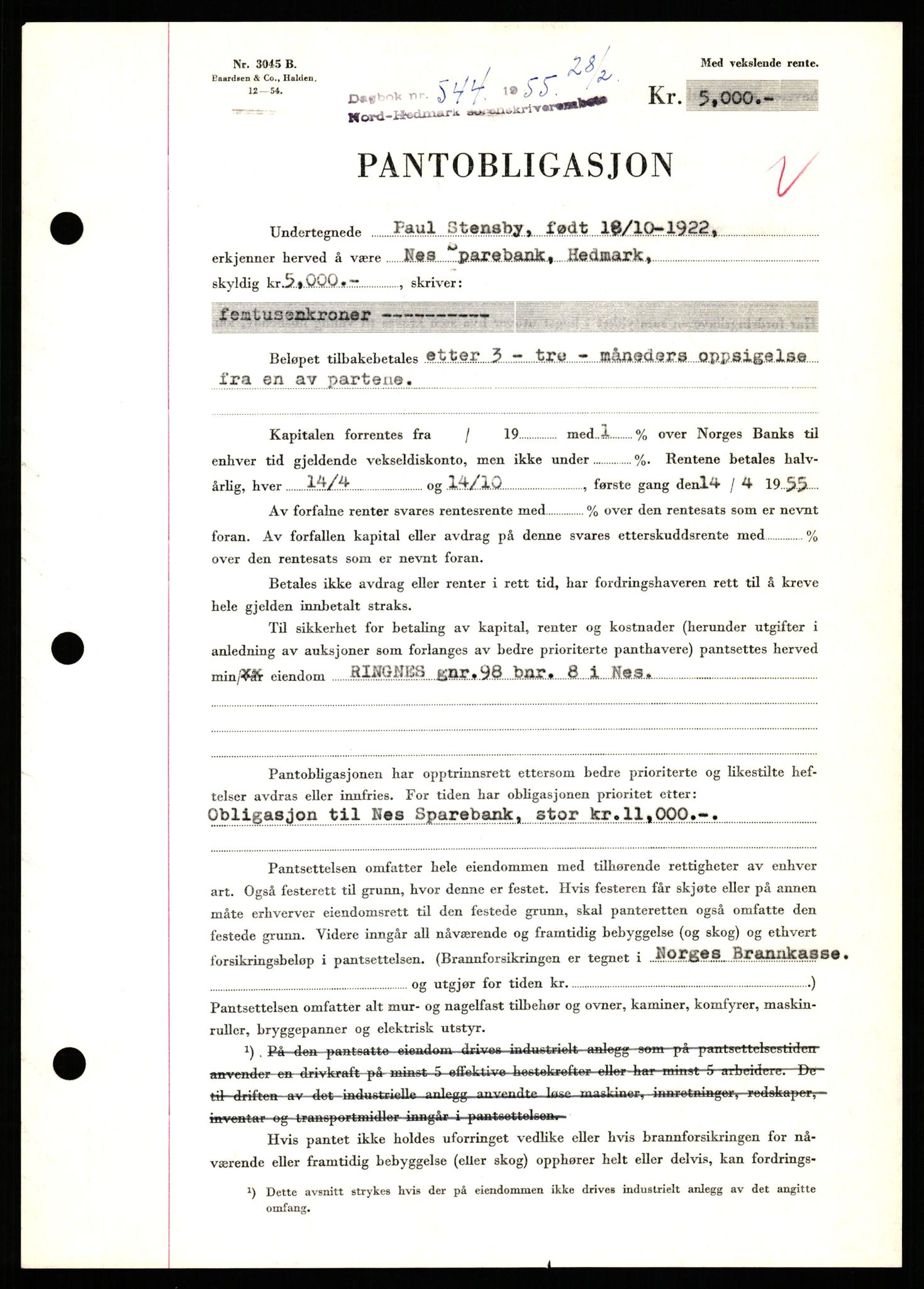 Nord-Hedmark sorenskriveri, SAH/TING-012/H/Hb/Hbf/L0032: Mortgage book no. B32, 1955-1955, Diary no: : 544/1952