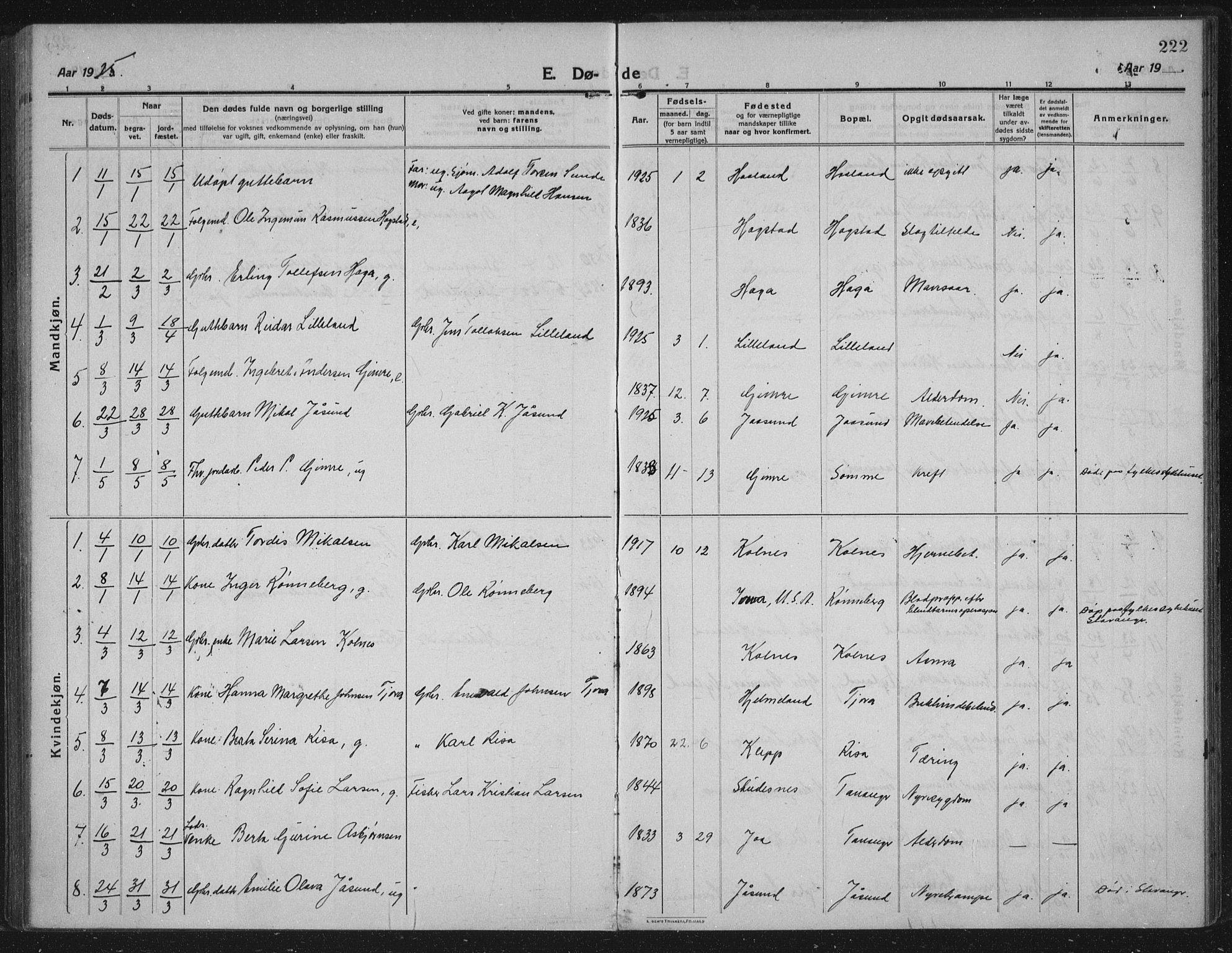 Håland sokneprestkontor, AV/SAST-A-101802/002/C/L0001: Parish register (official) no. A 14, 1913-1927, p. 222