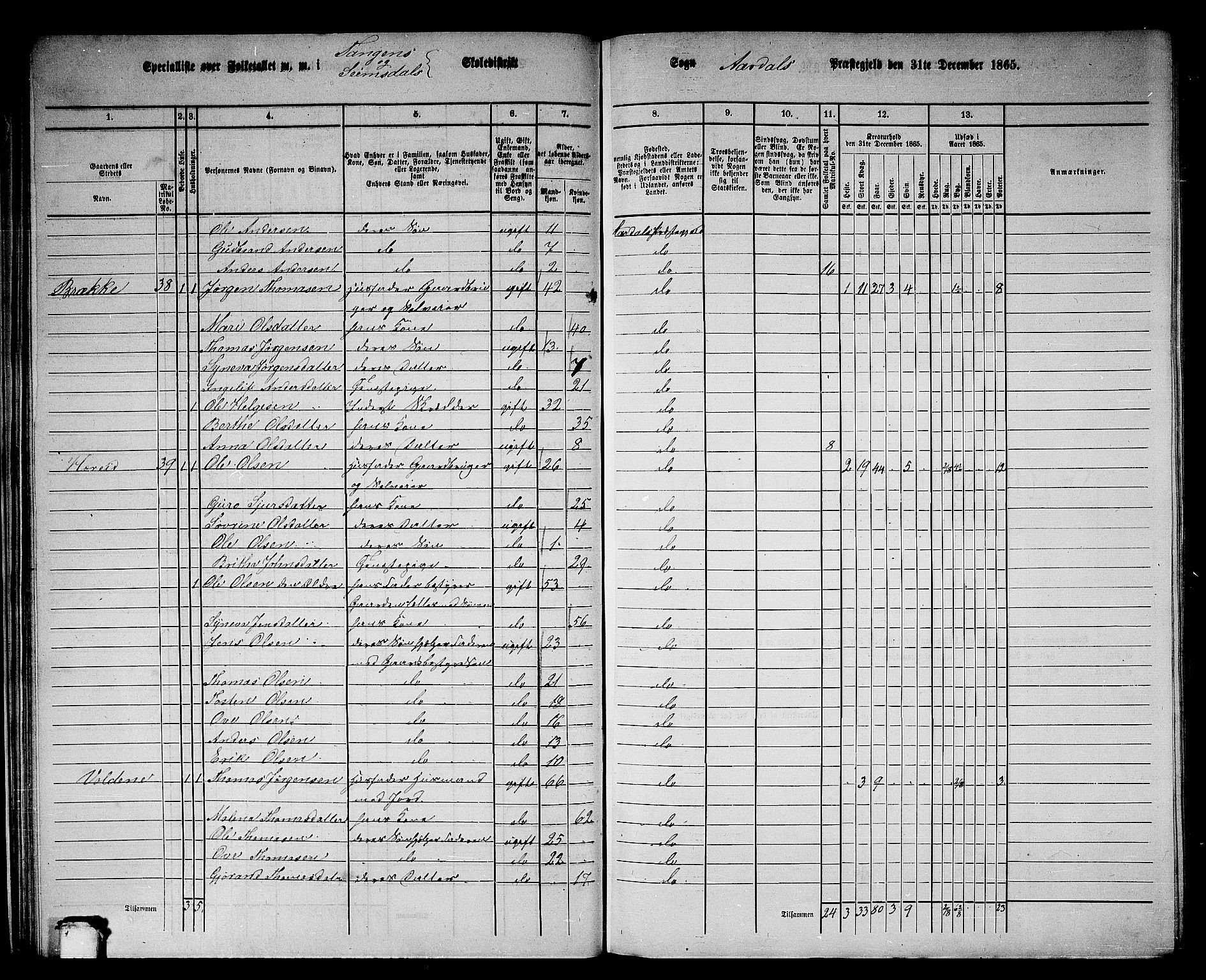 RA, 1865 census for Årdal, 1865, p. 36