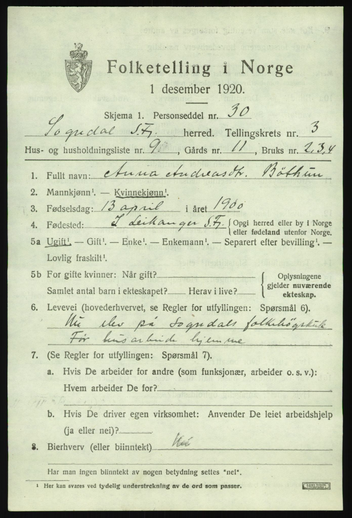 SAB, 1920 census for Sogndal, 1920, p. 2259