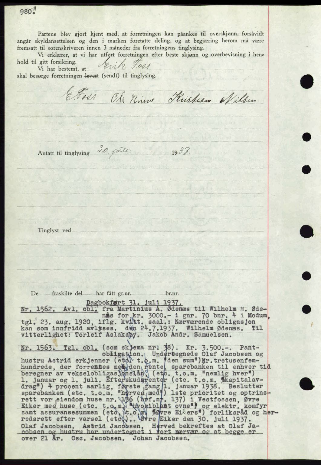 Eiker, Modum og Sigdal sorenskriveri, SAKO/A-123/G/Ga/Gab/L0035: Mortgage book no. A5, 1937-1937, Diary no: : 1562/1937