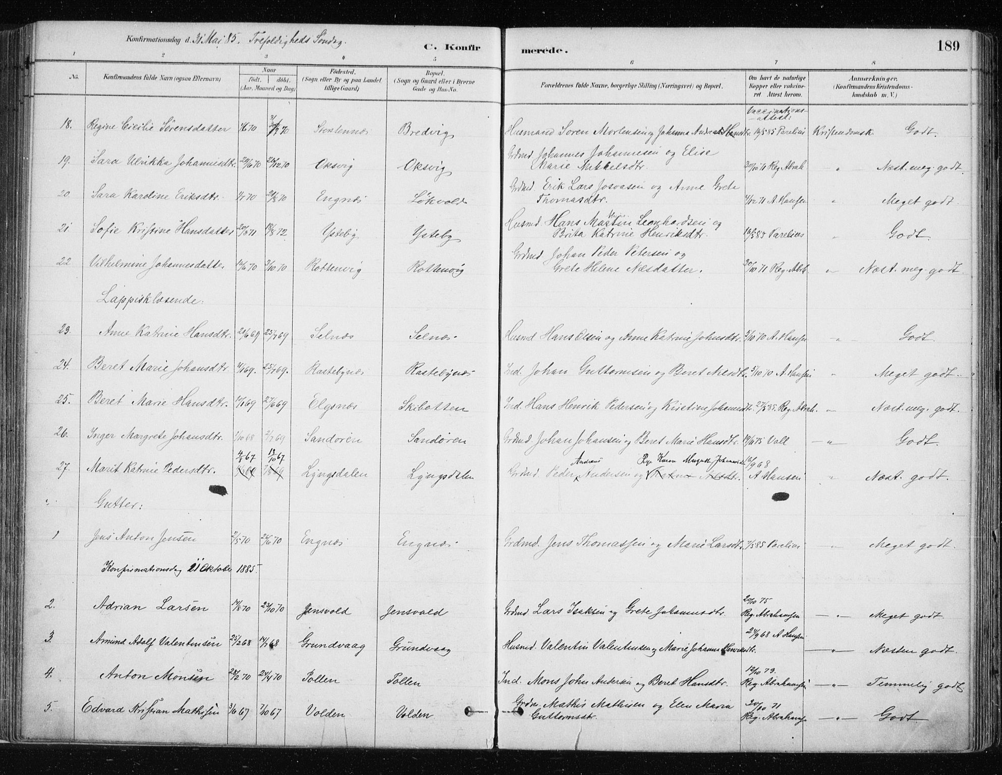 Lyngen sokneprestembete, AV/SATØ-S-1289/H/He/Hea/L0007kirke: Parish register (official) no. 7, 1879-1890, p. 189