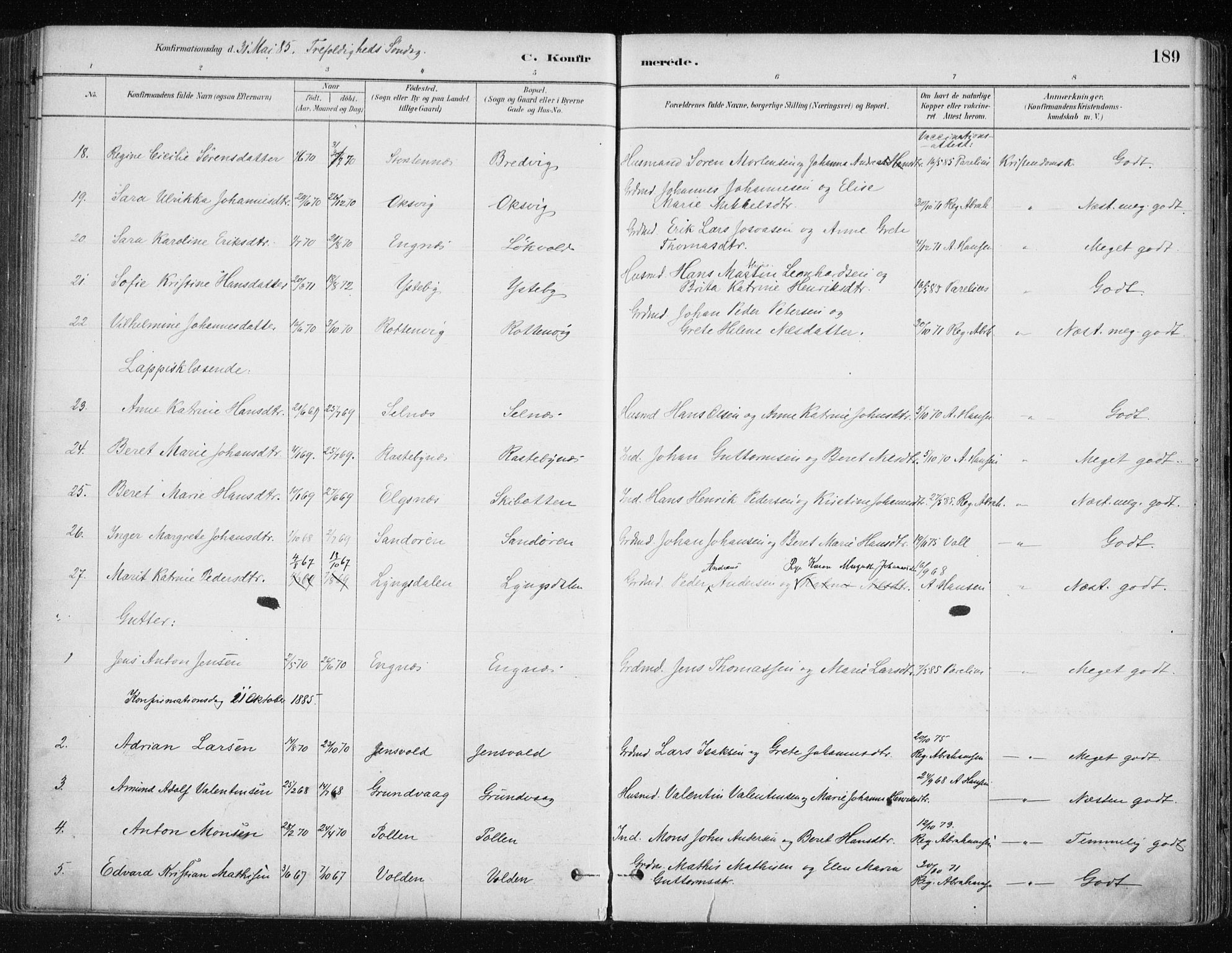 Lyngen sokneprestembete, SATØ/S-1289/H/He/Hea/L0007kirke: Parish register (official) no. 7, 1879-1890, p. 189