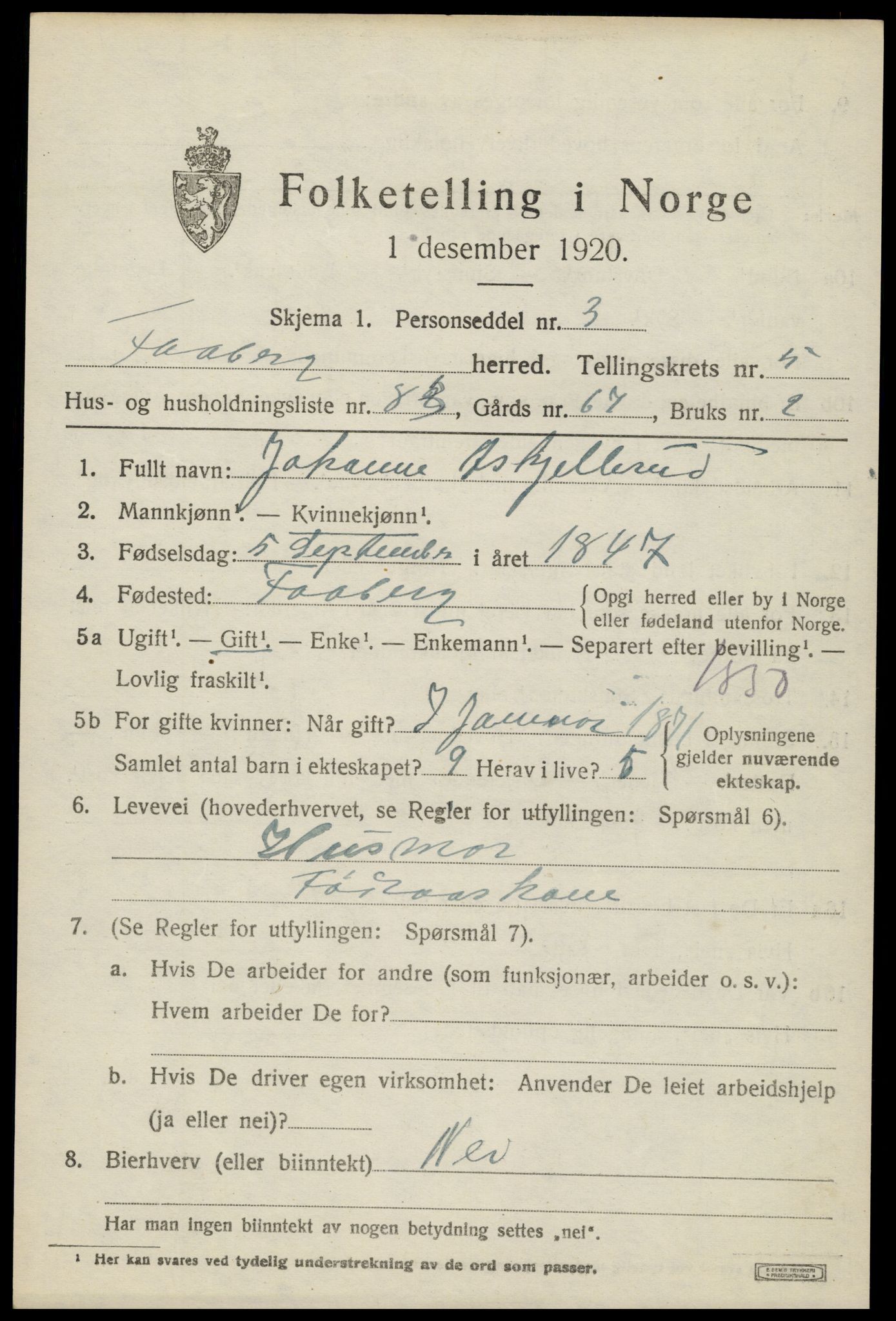 SAH, 1920 census for Fåberg, 1920, p. 7098