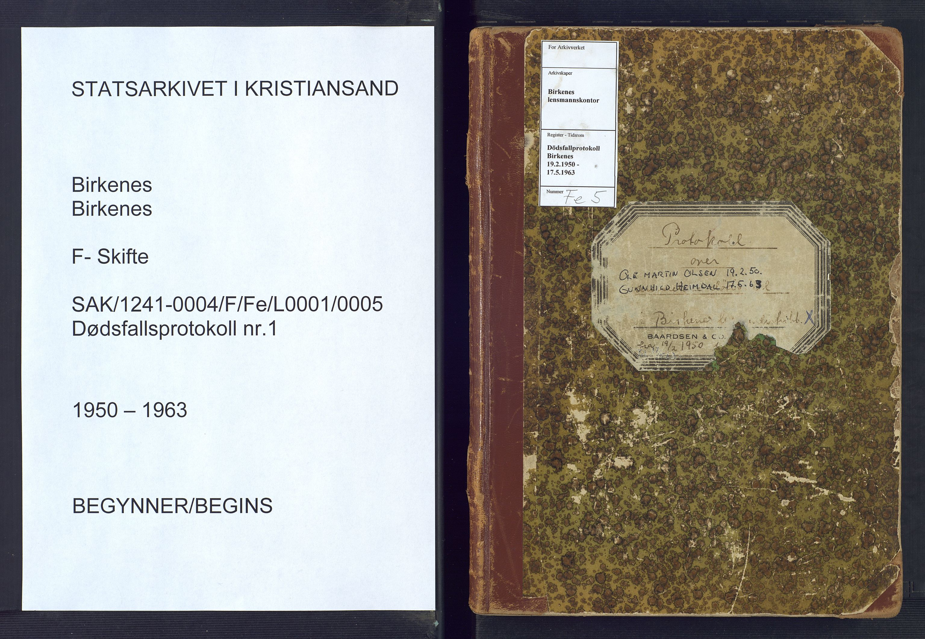 Birkenes lensmannskontor, SAK/1241-0004/F/Fe/L0001/0005: Dødsfallsprotokoller / Dødsfallsprotokoll, 1950-1963