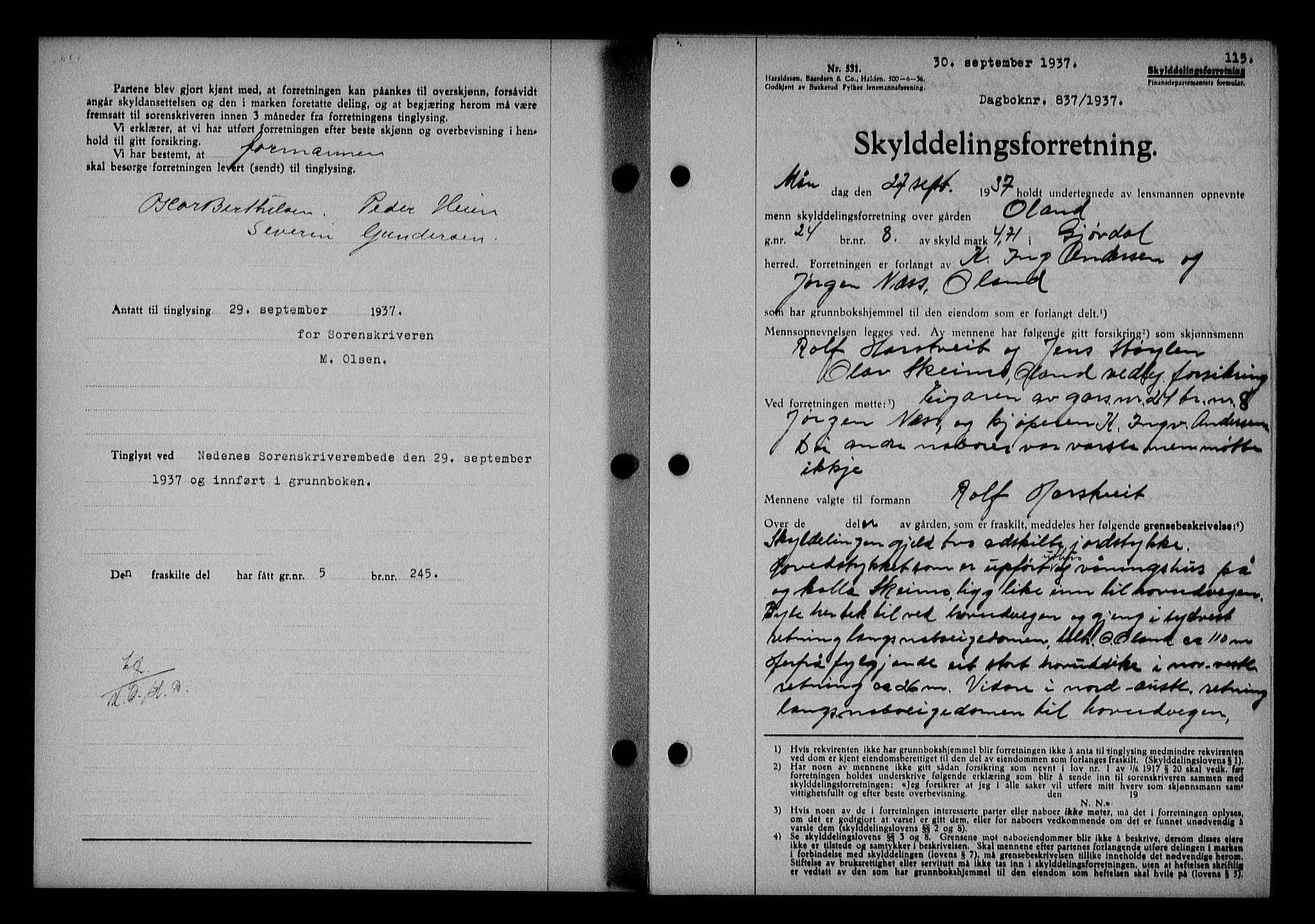 Nedenes sorenskriveri, SAK/1221-0006/G/Gb/Gba/L0044: Mortgage book no. 40, 1937-1938, Diary no: : 837/1937