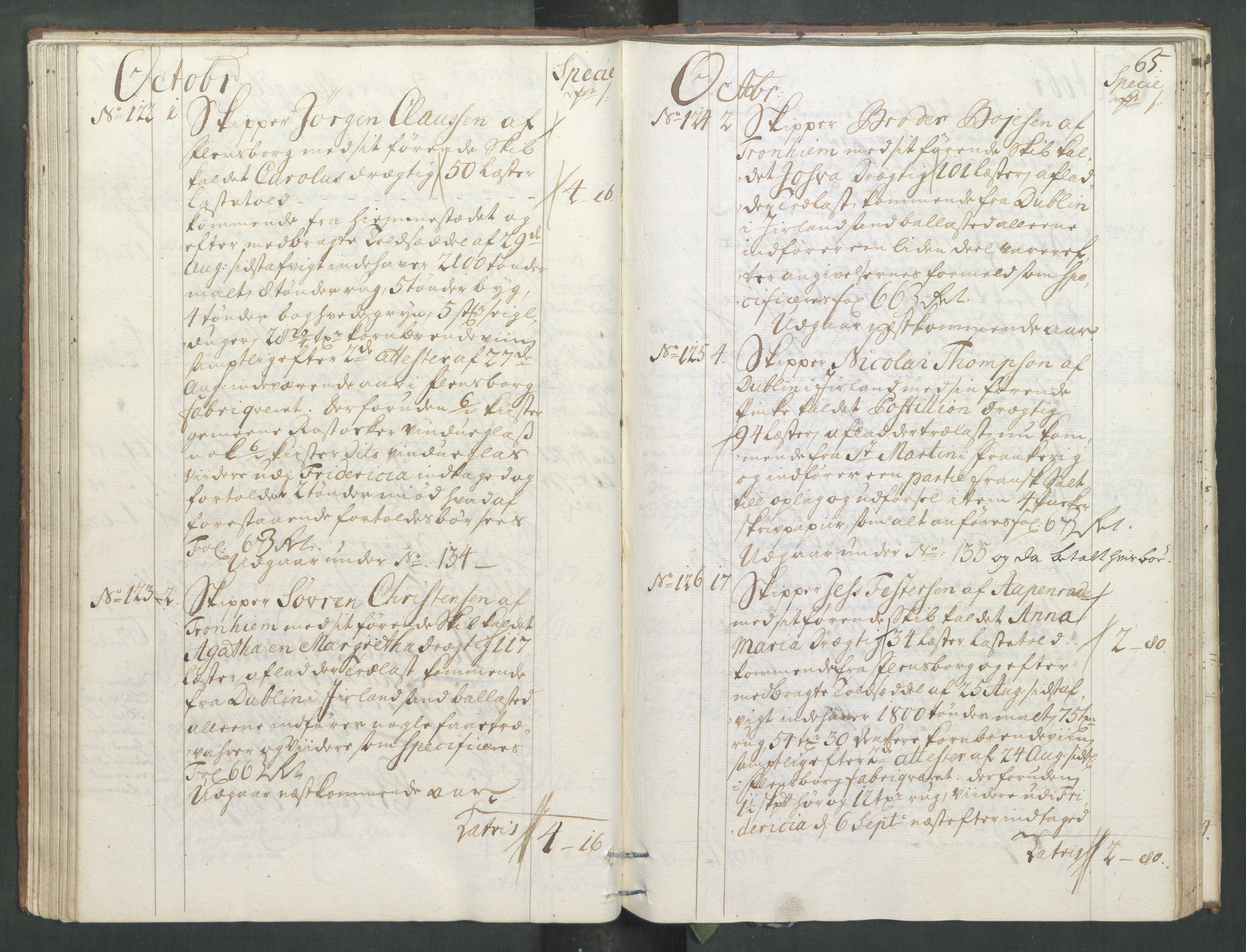 Generaltollkammeret, tollregnskaper, RA/EA-5490/R33/L0013/0001: Tollregnskaper Trondheim A / Inngående tollbok, 1731, p. 64b-65a
