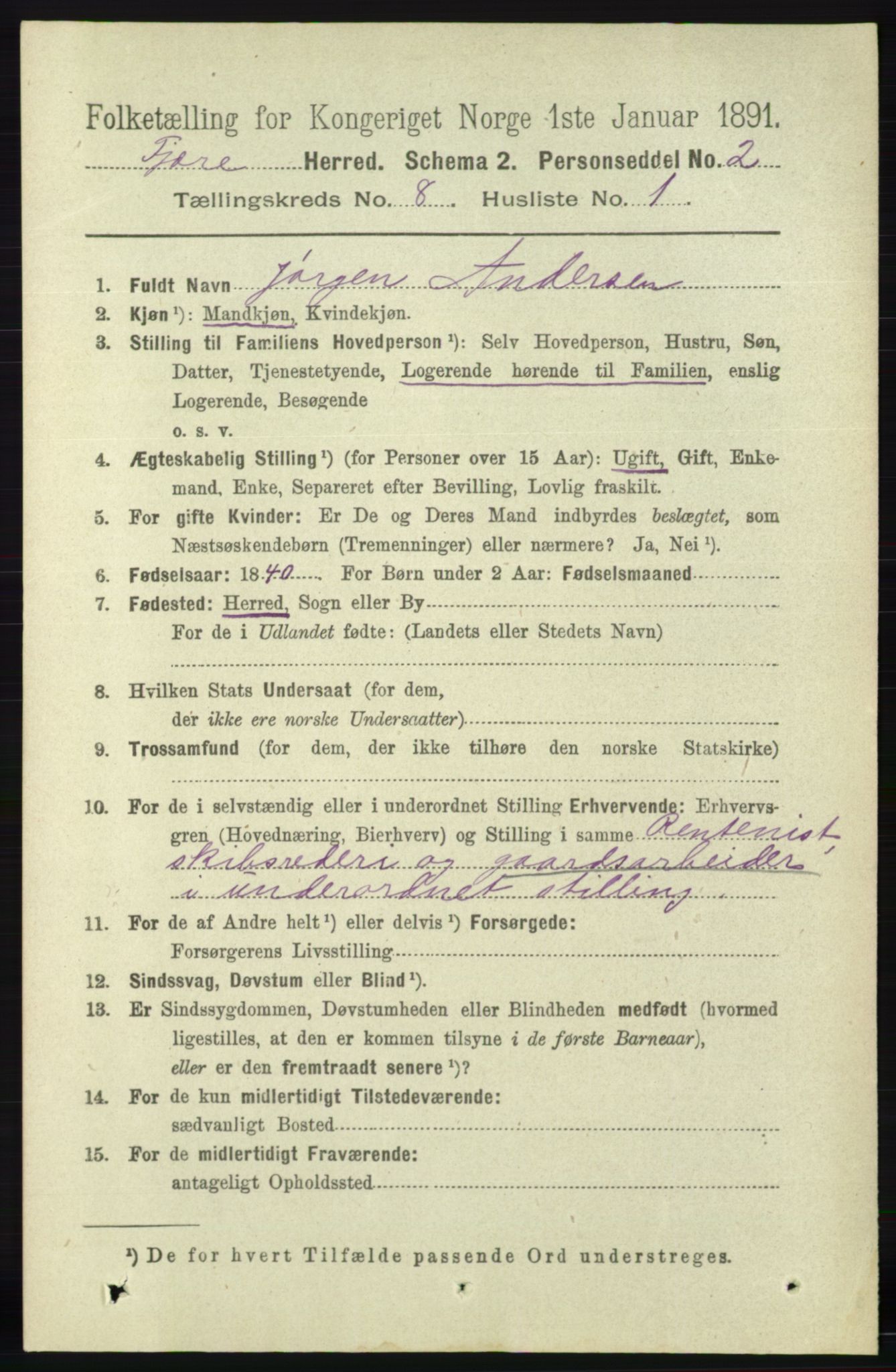 RA, 1891 census for 0923 Fjære, 1891, p. 3739