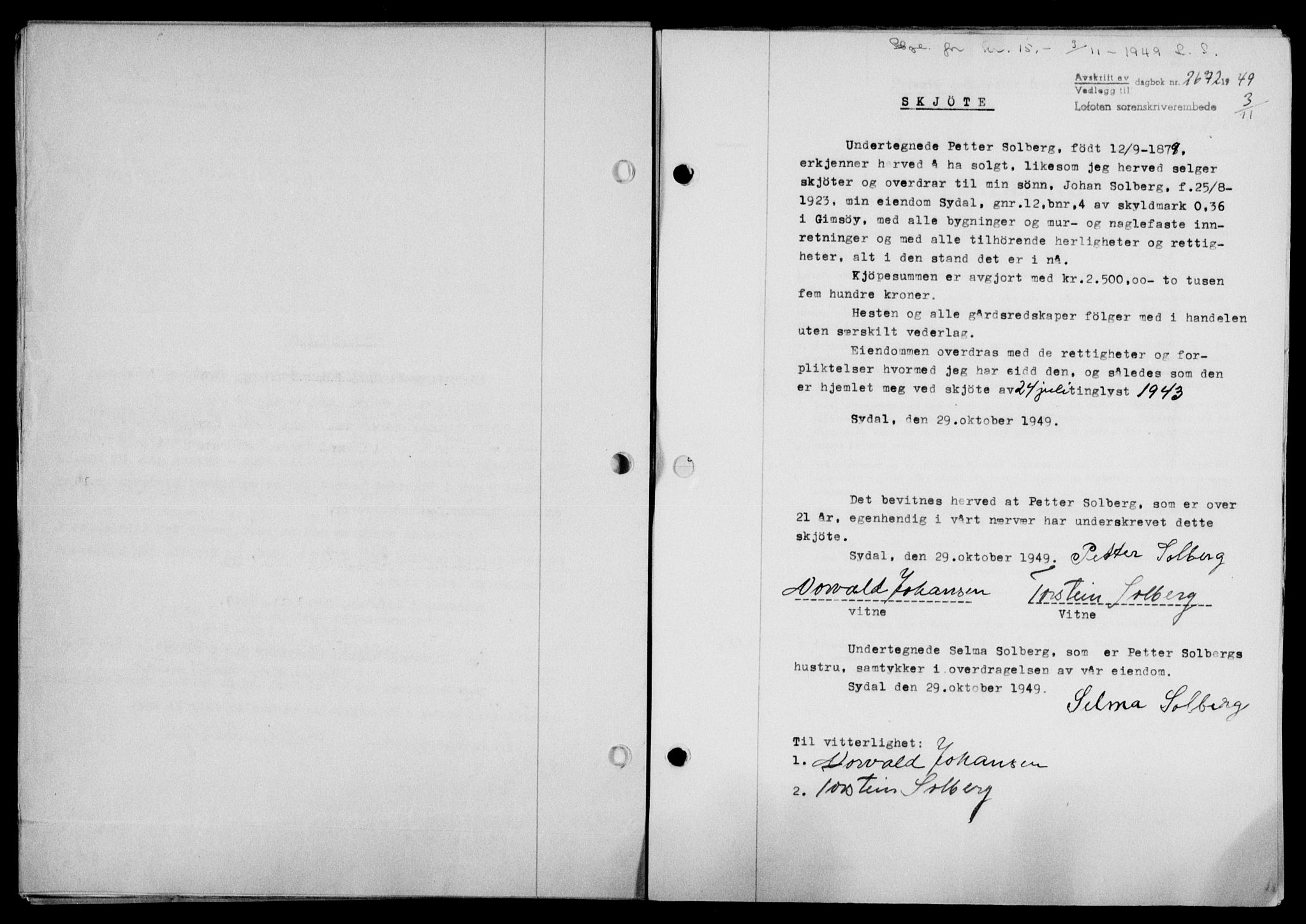 Lofoten sorenskriveri, SAT/A-0017/1/2/2C/L0022a: Mortgage book no. 22a, 1949-1950, Diary no: : 2672/1949
