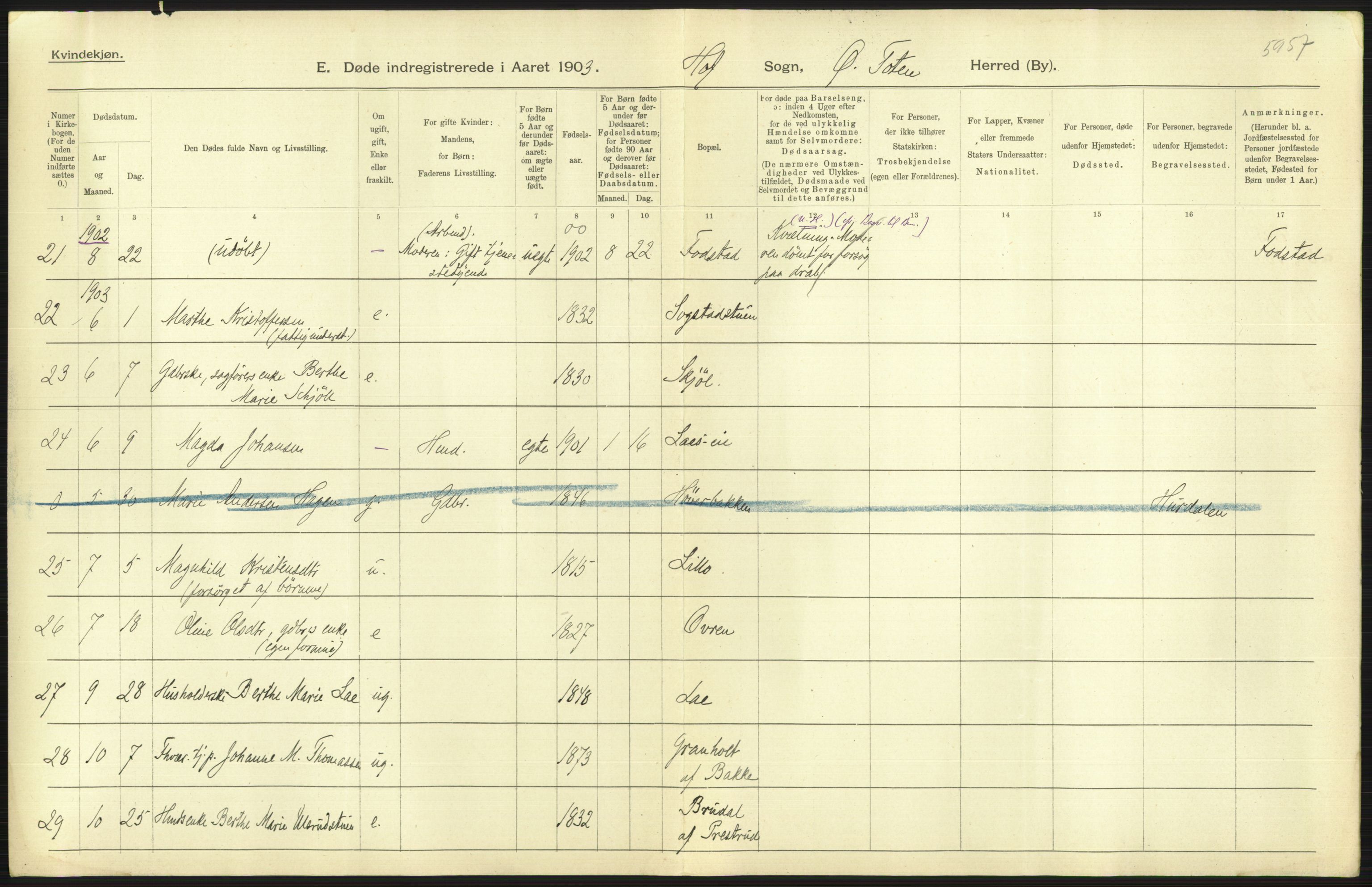 Statistisk sentralbyrå, Sosiodemografiske emner, Befolkning, AV/RA-S-2228/D/Df/Dfa/Dfaa/L0006: Kristians amt: Fødte, gifte, døde, 1903, p. 575