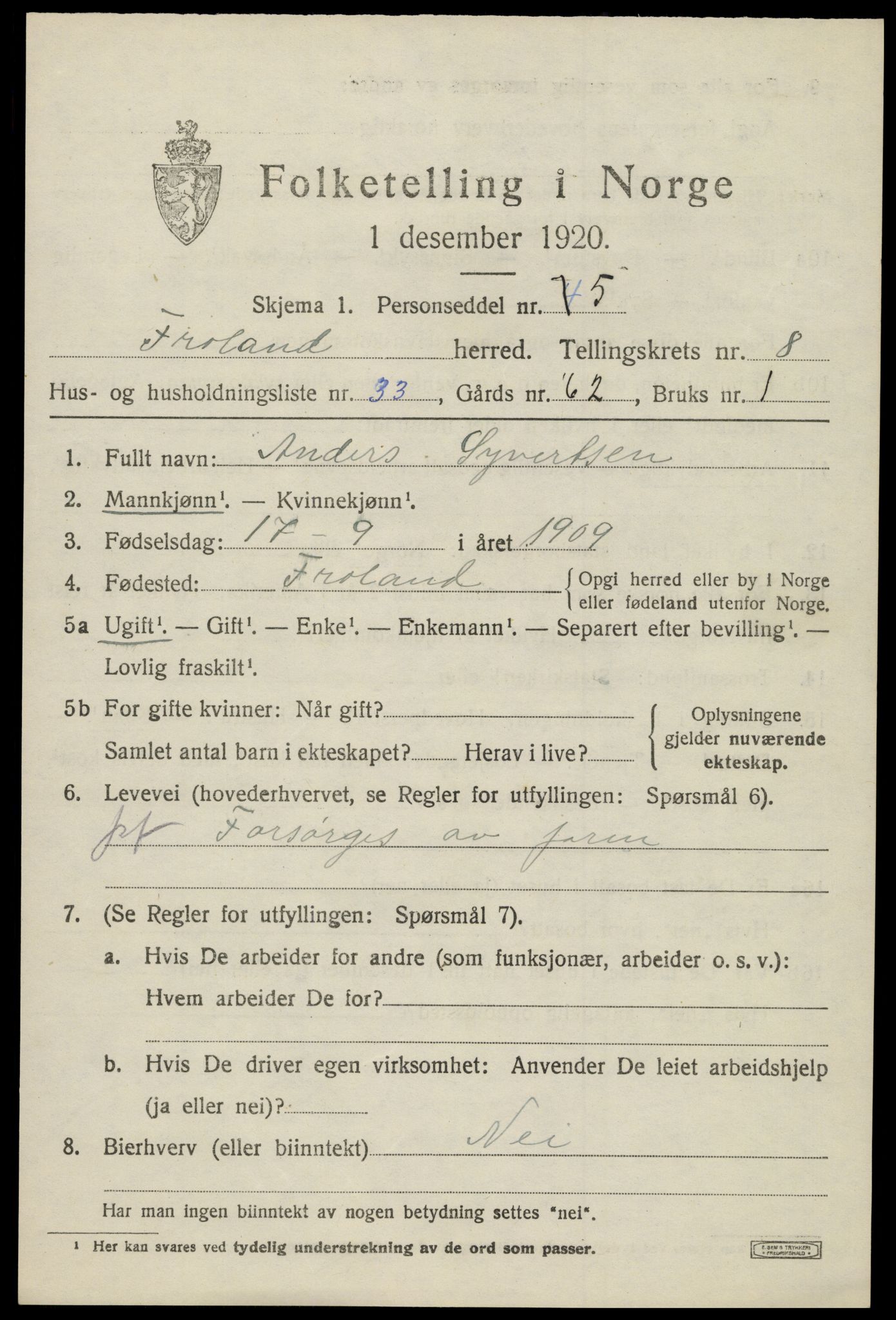 SAK, 1920 census for Froland, 1920, p. 4897