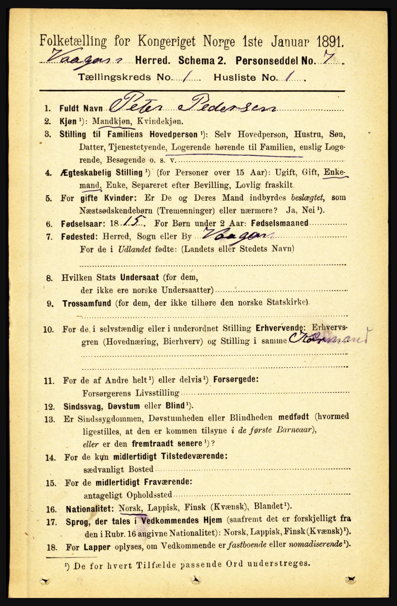 RA, 1891 census for 1865 Vågan, 1891, p. 102