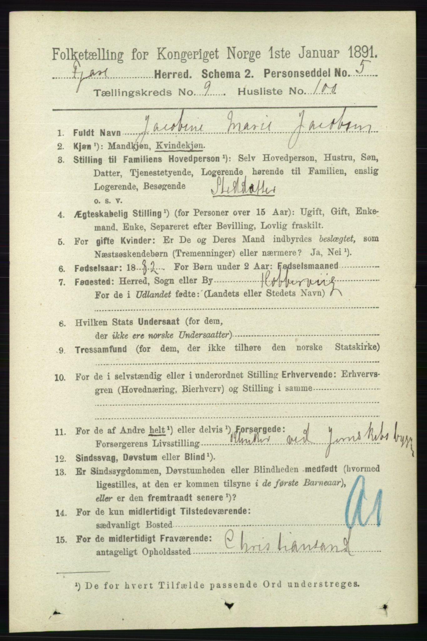 RA, 1891 census for 0923 Fjære, 1891, p. 4910