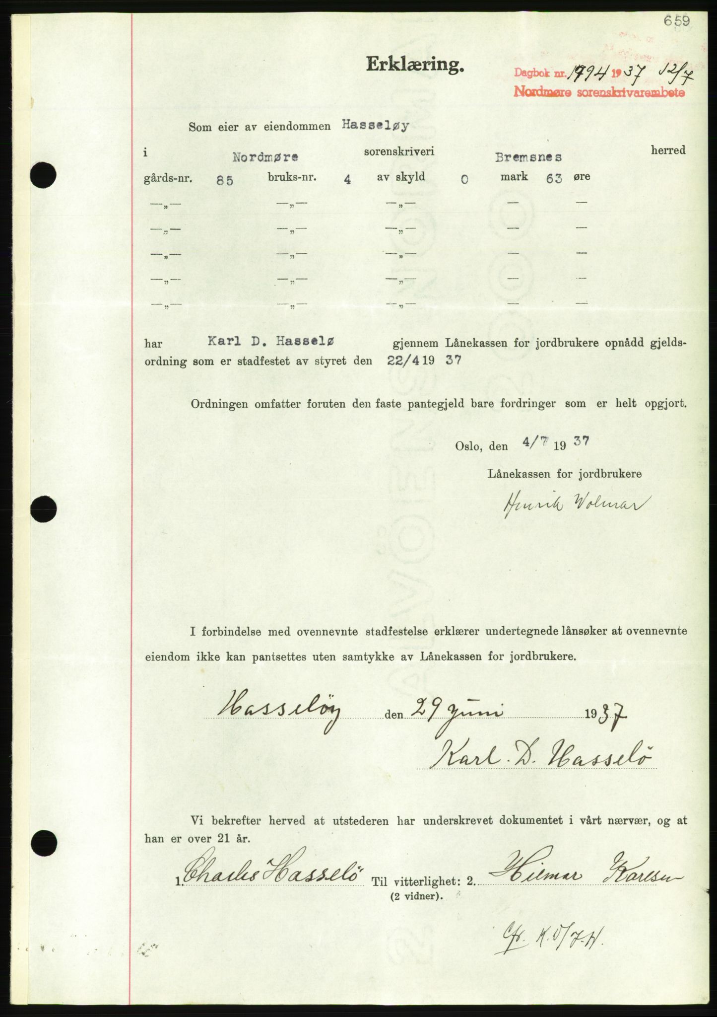 Nordmøre sorenskriveri, AV/SAT-A-4132/1/2/2Ca/L0091: Mortgage book no. B81, 1937-1937, Diary no: : 1794/1937