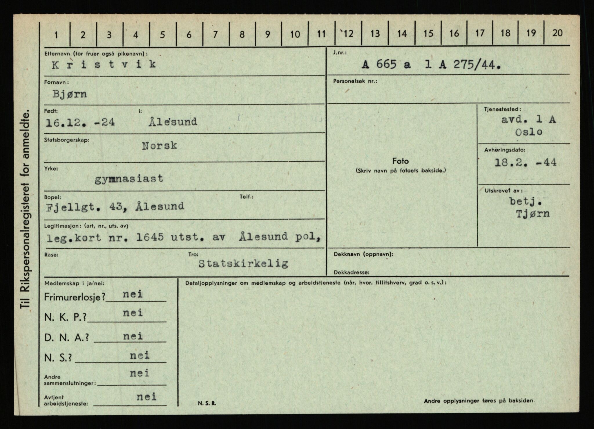 Statspolitiet - Hovedkontoret / Osloavdelingen, AV/RA-S-1329/C/Ca/L0009: Knutsen - Limstrand, 1943-1945, p. 1816