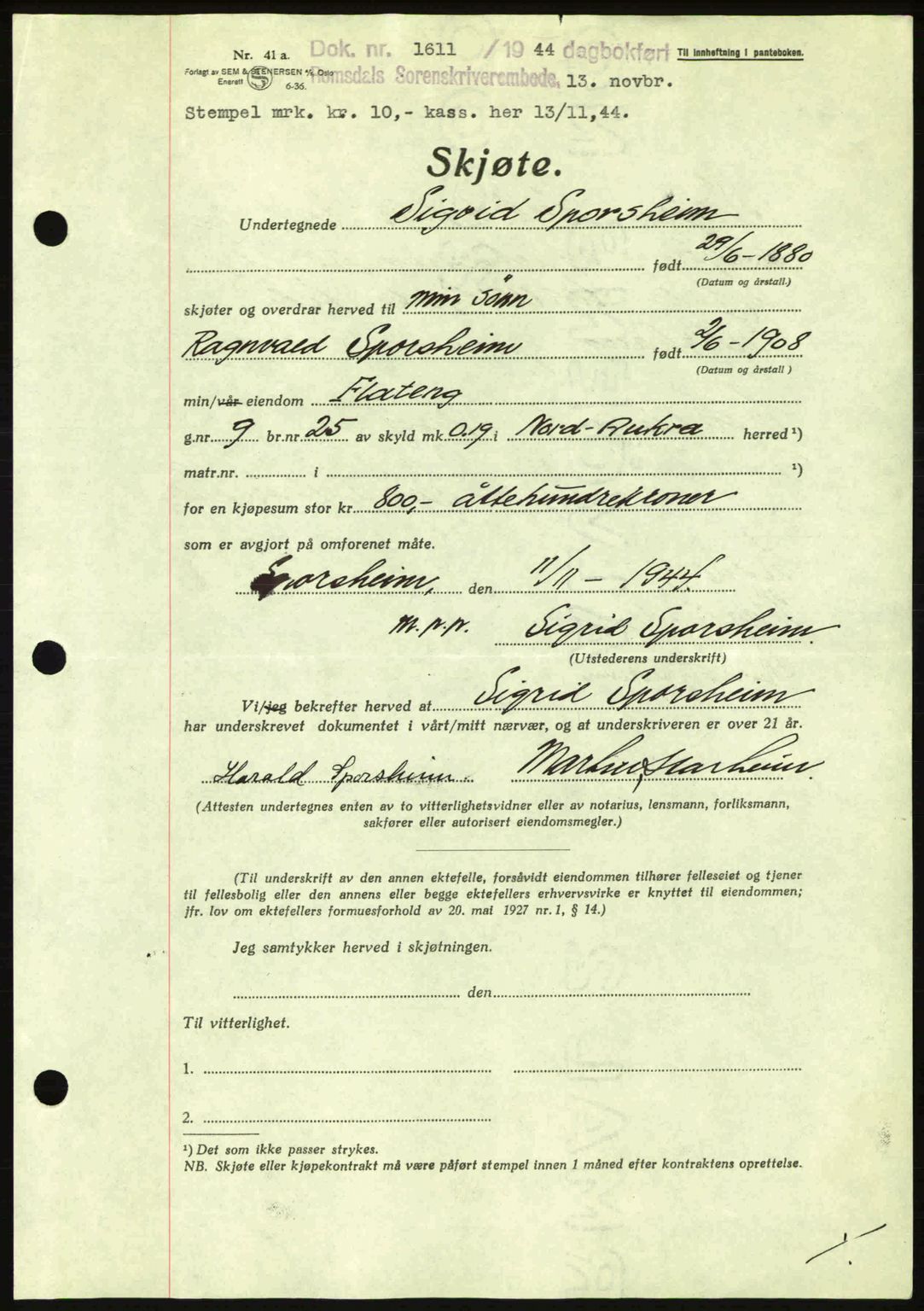 Romsdal sorenskriveri, AV/SAT-A-4149/1/2/2C: Mortgage book no. A17, 1944-1945, Diary no: : 1611/1944