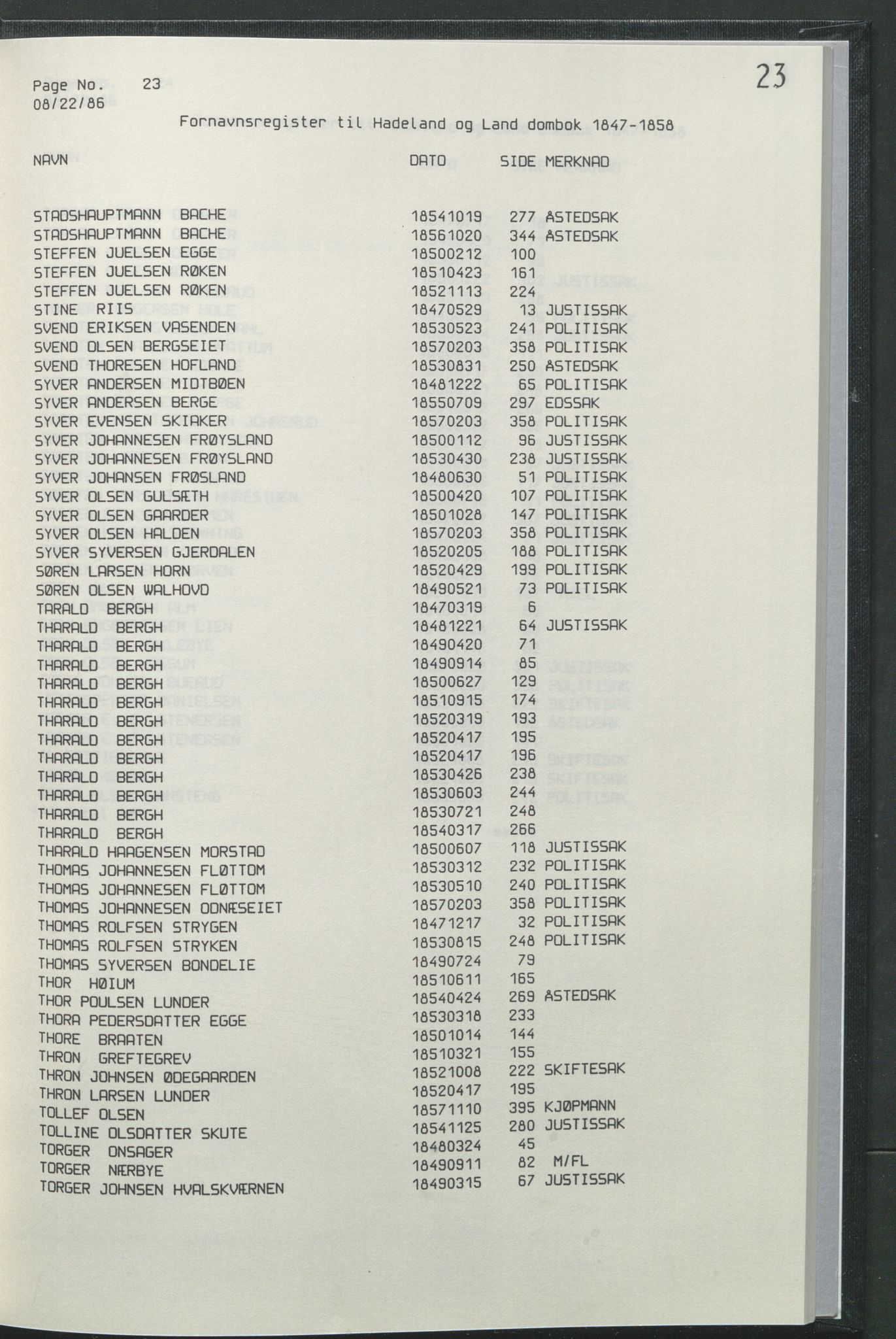 Statsarkivet i Hamar, AV/SAH-SAH-001/H/Hb/L0001/0004: Egne registre og hjelpemidler / Register  til Hadeland og Land sorenskriveri dombok 1 (1847 - 1858), 1847-1858, p. 23