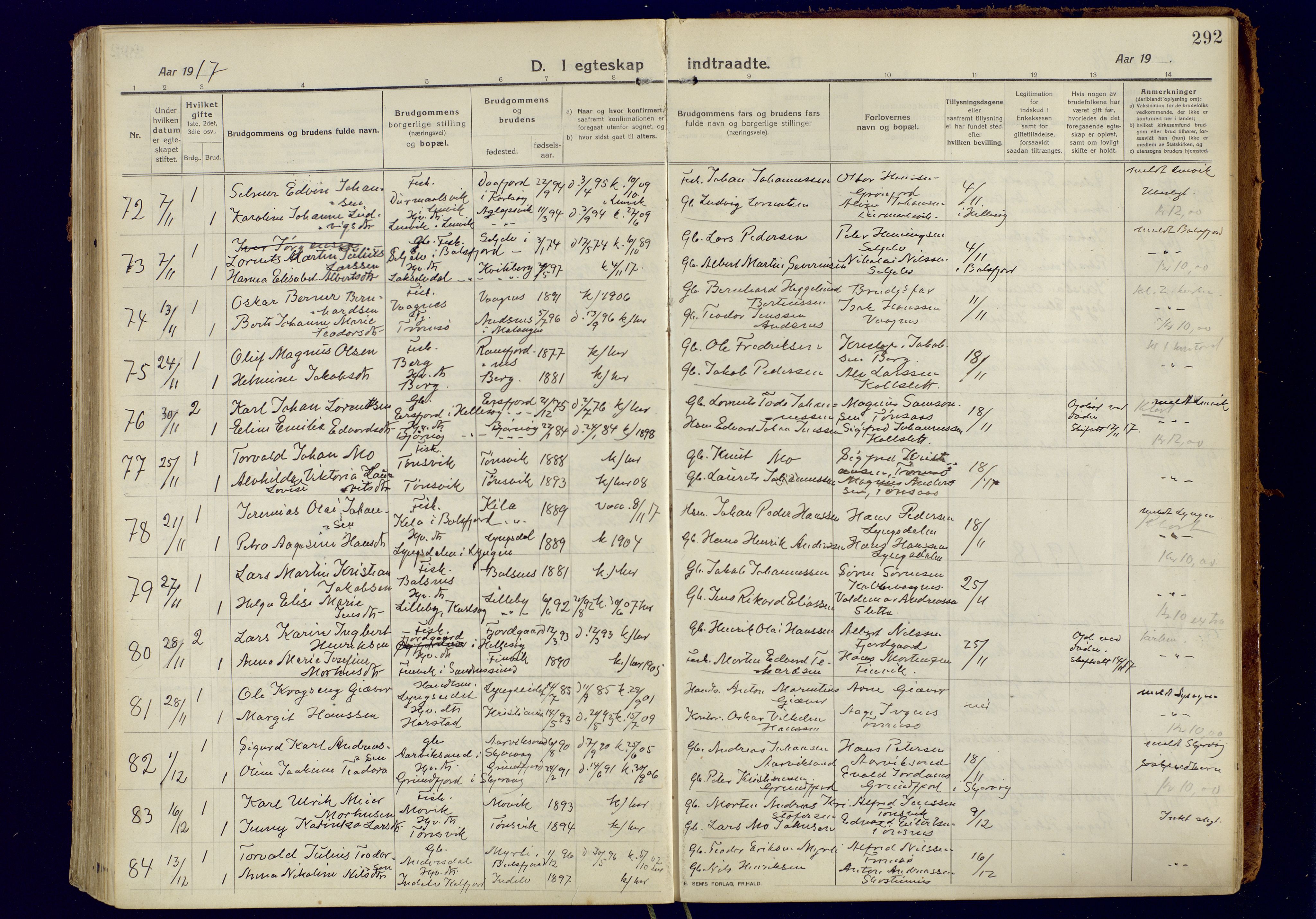 Tromsøysund sokneprestkontor, AV/SATØ-S-1304/G/Ga/L0008kirke: Parish register (official) no. 8, 1914-1922, p. 292