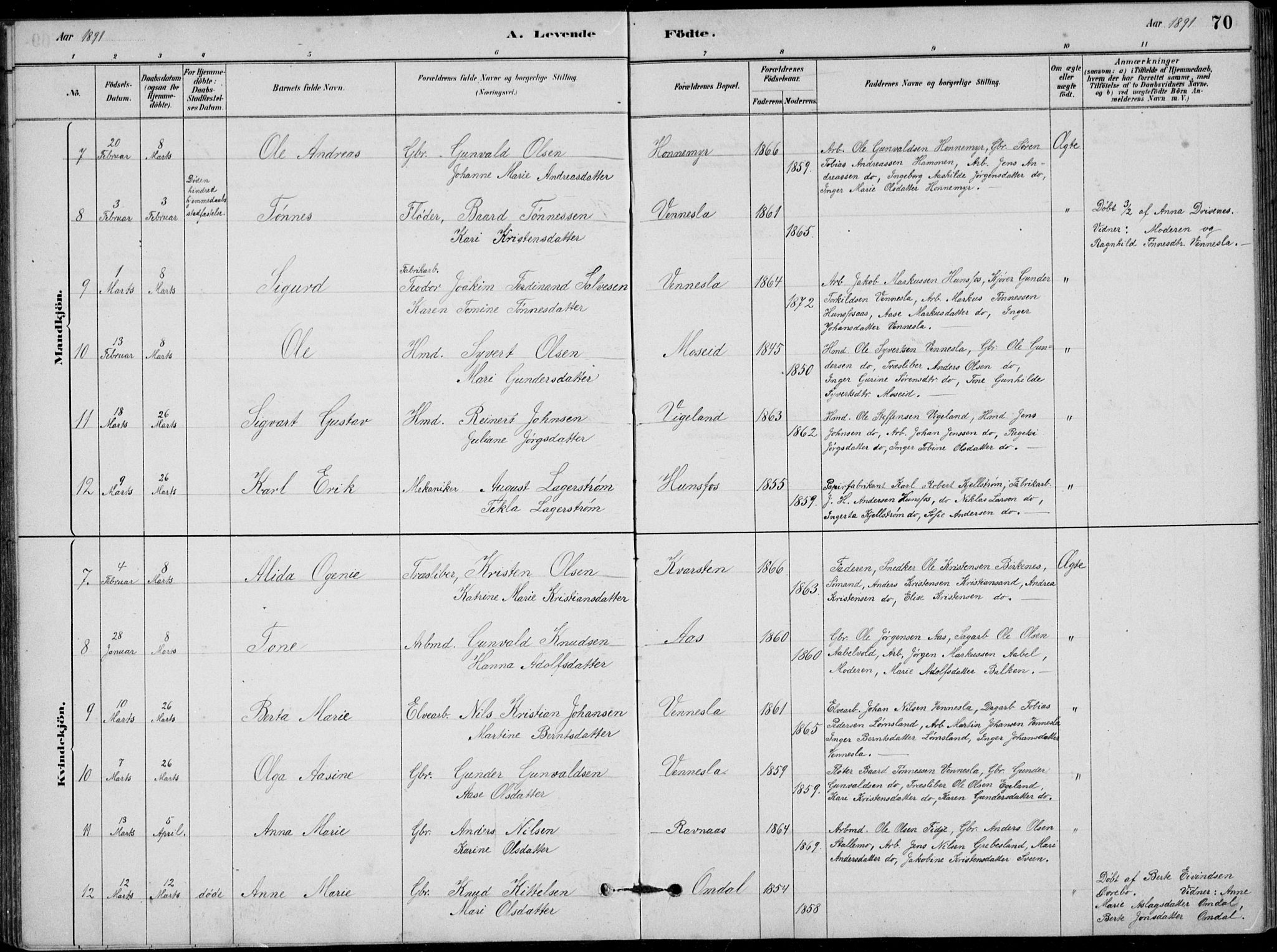 Vennesla sokneprestkontor, SAK/1111-0045/Fb/Fbb/L0003: Parish register (copy) no. B 3, 1879-1893, p. 70