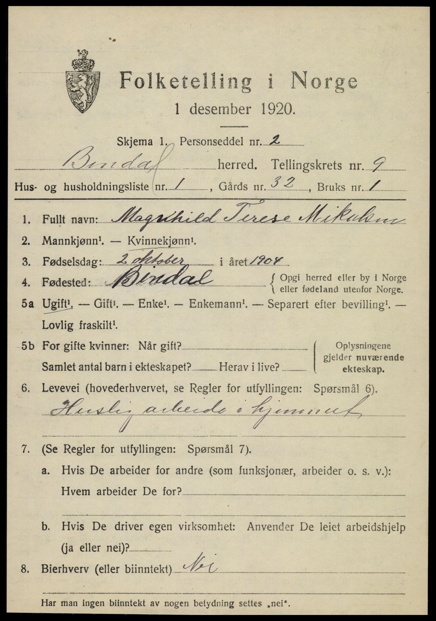 SAT, 1920 census for Bindal, 1920, p. 6353