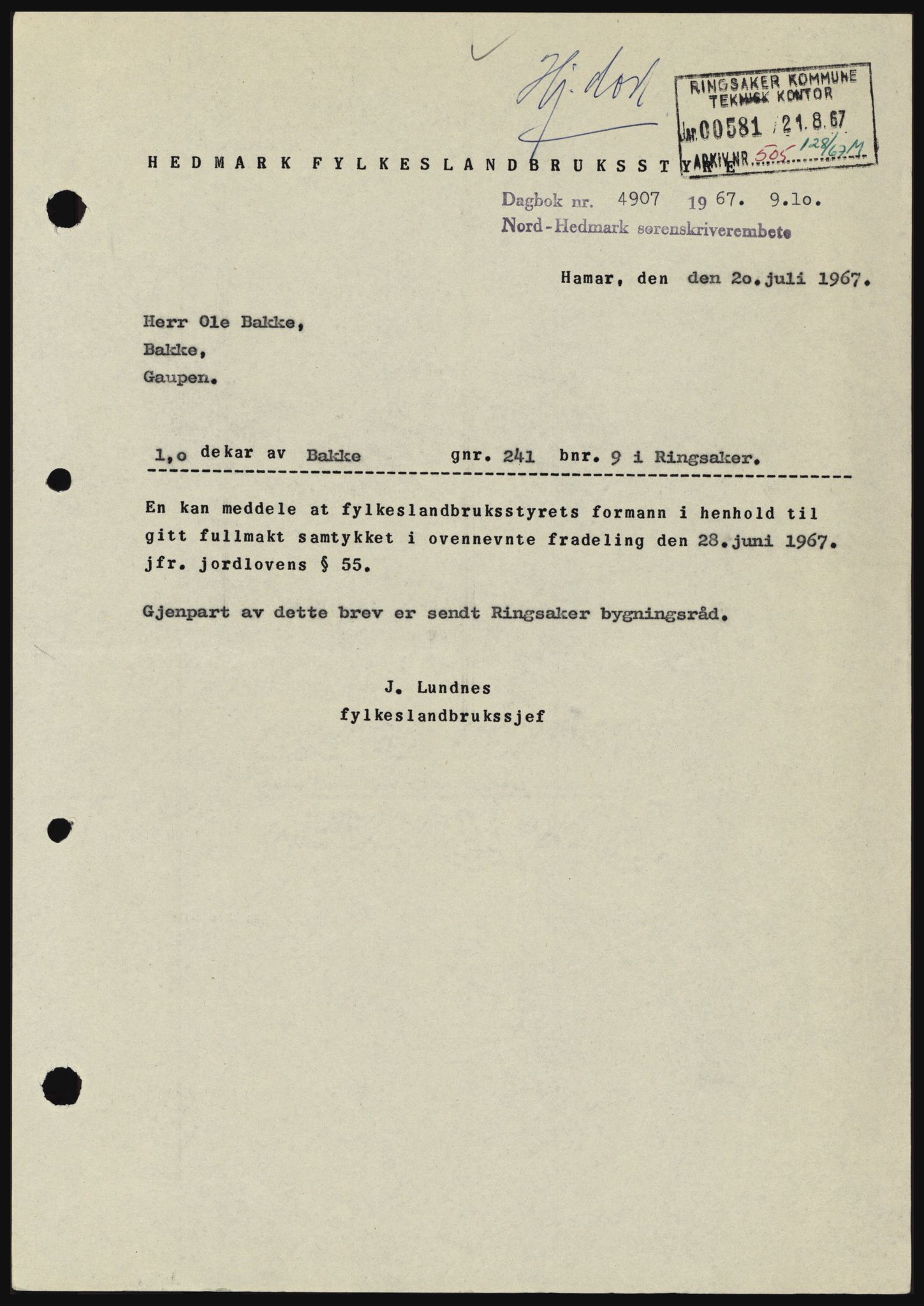 Nord-Hedmark sorenskriveri, SAH/TING-012/H/Hc/L0026: Mortgage book no. 26, 1967-1967, Diary no: : 4907/1967