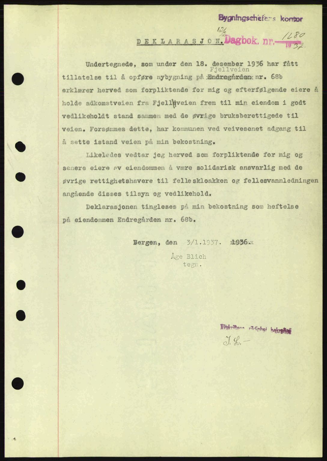 Byfogd og Byskriver i Bergen, SAB/A-3401/03/03Bc/L0004: Mortgage book no. A3-4, 1936-1937, Diary no: : 1280/1937