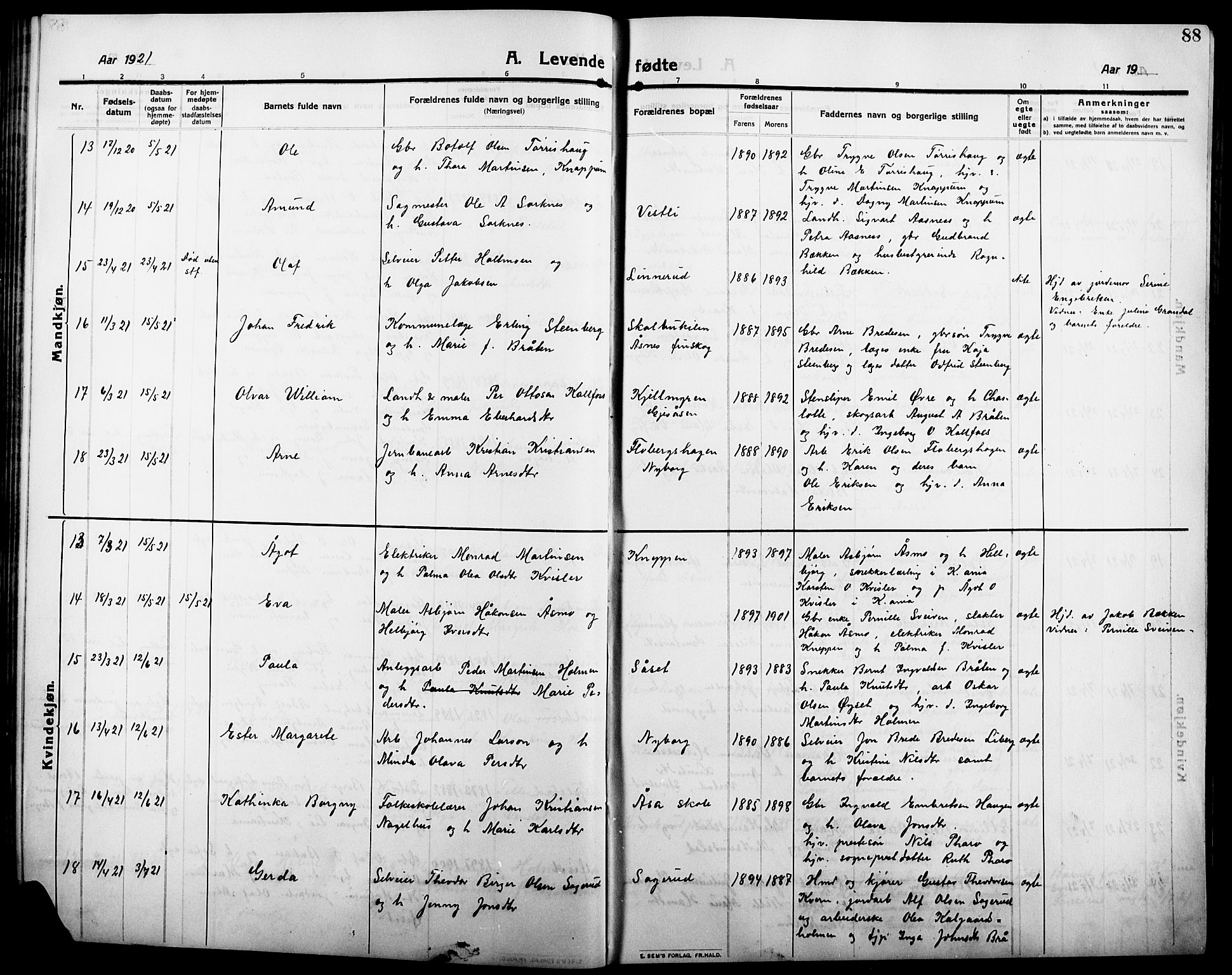 Åsnes prestekontor, AV/SAH-PREST-042/H/Ha/Hab/L0007: Parish register (copy) no. 7, 1909-1926, p. 88