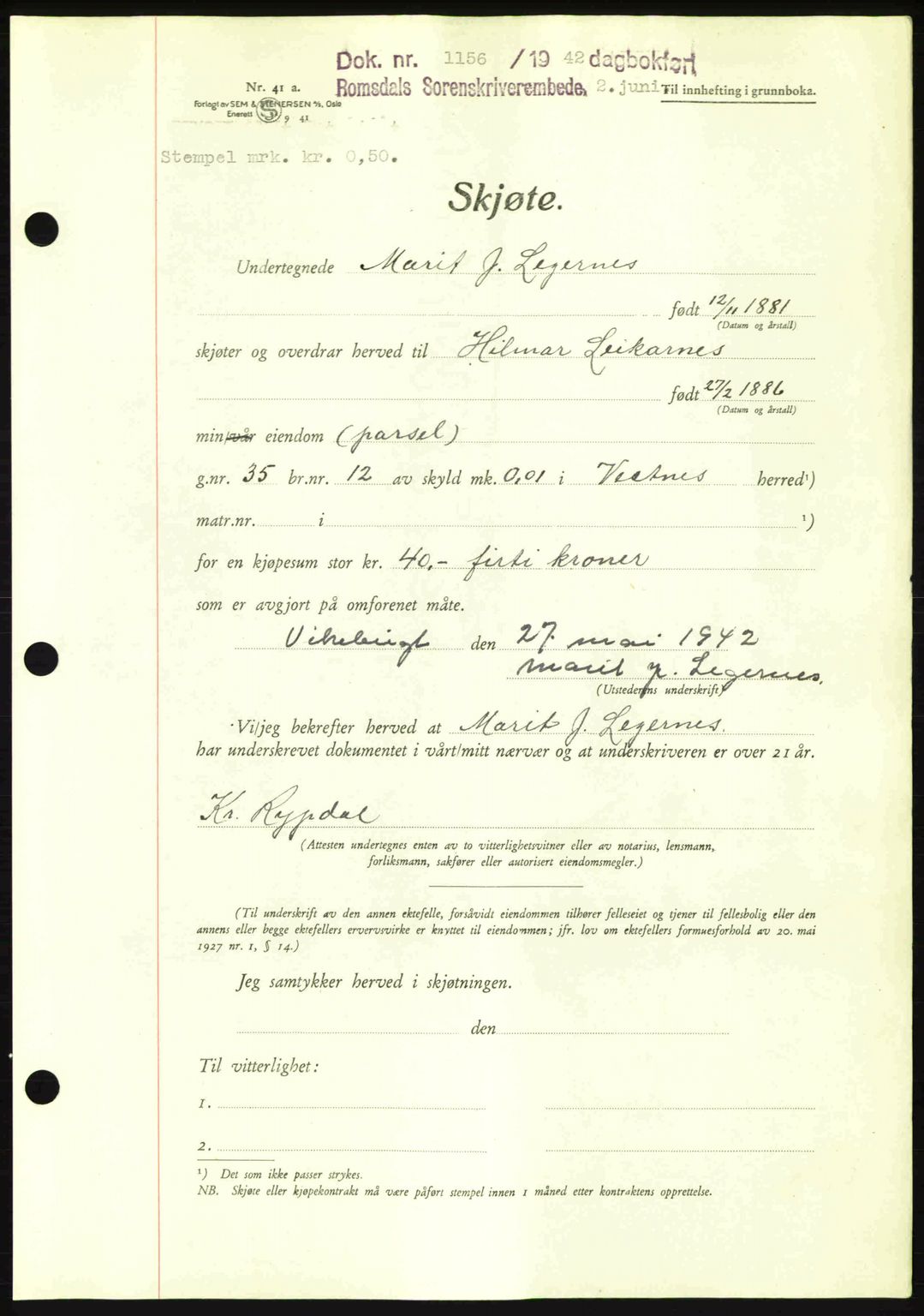 Romsdal sorenskriveri, AV/SAT-A-4149/1/2/2C: Mortgage book no. A12, 1942-1942, Diary no: : 1156/1942