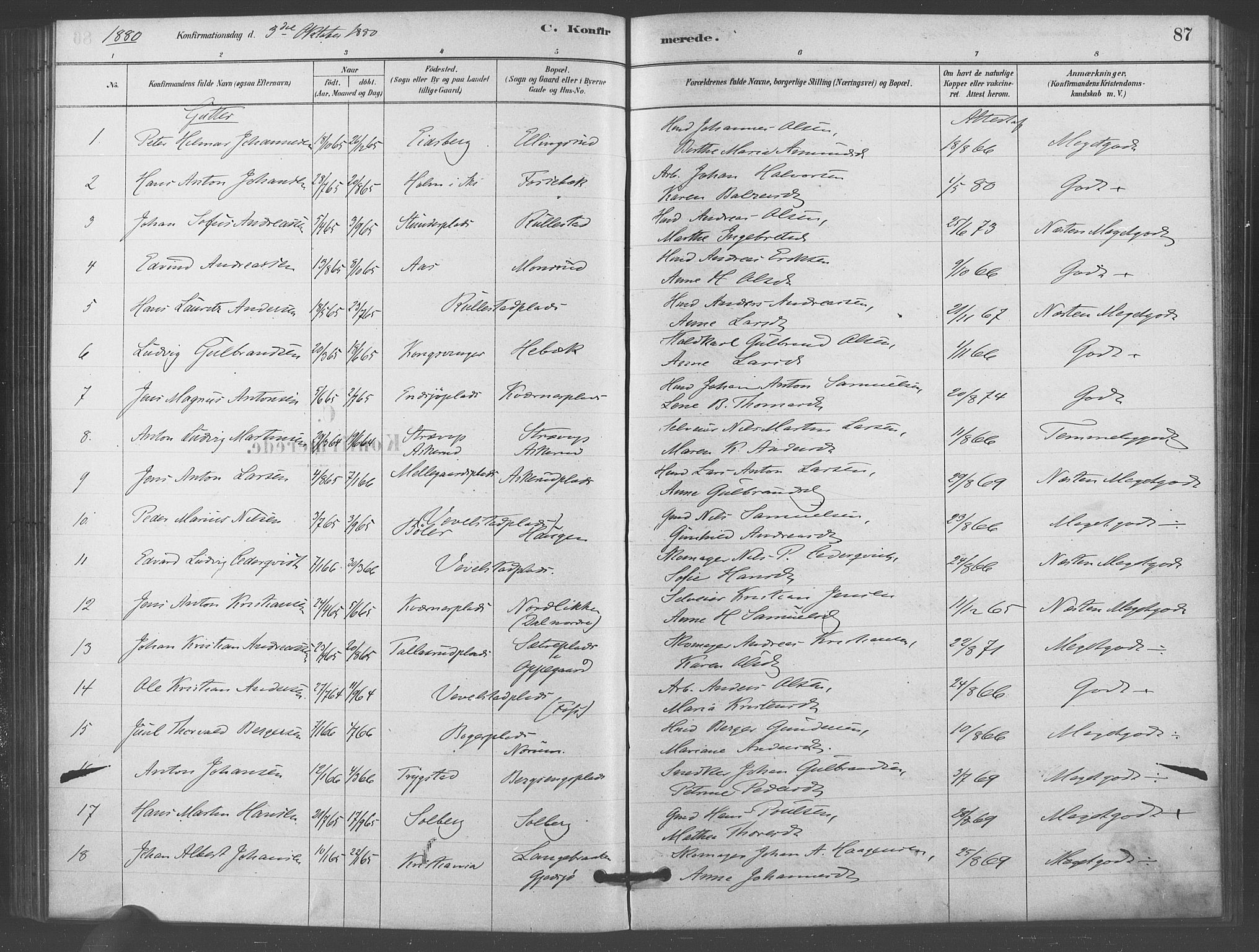 Kråkstad prestekontor Kirkebøker, SAO/A-10125a/F/Fb/L0001: Parish register (official) no. II 1, 1880-1892, p. 87